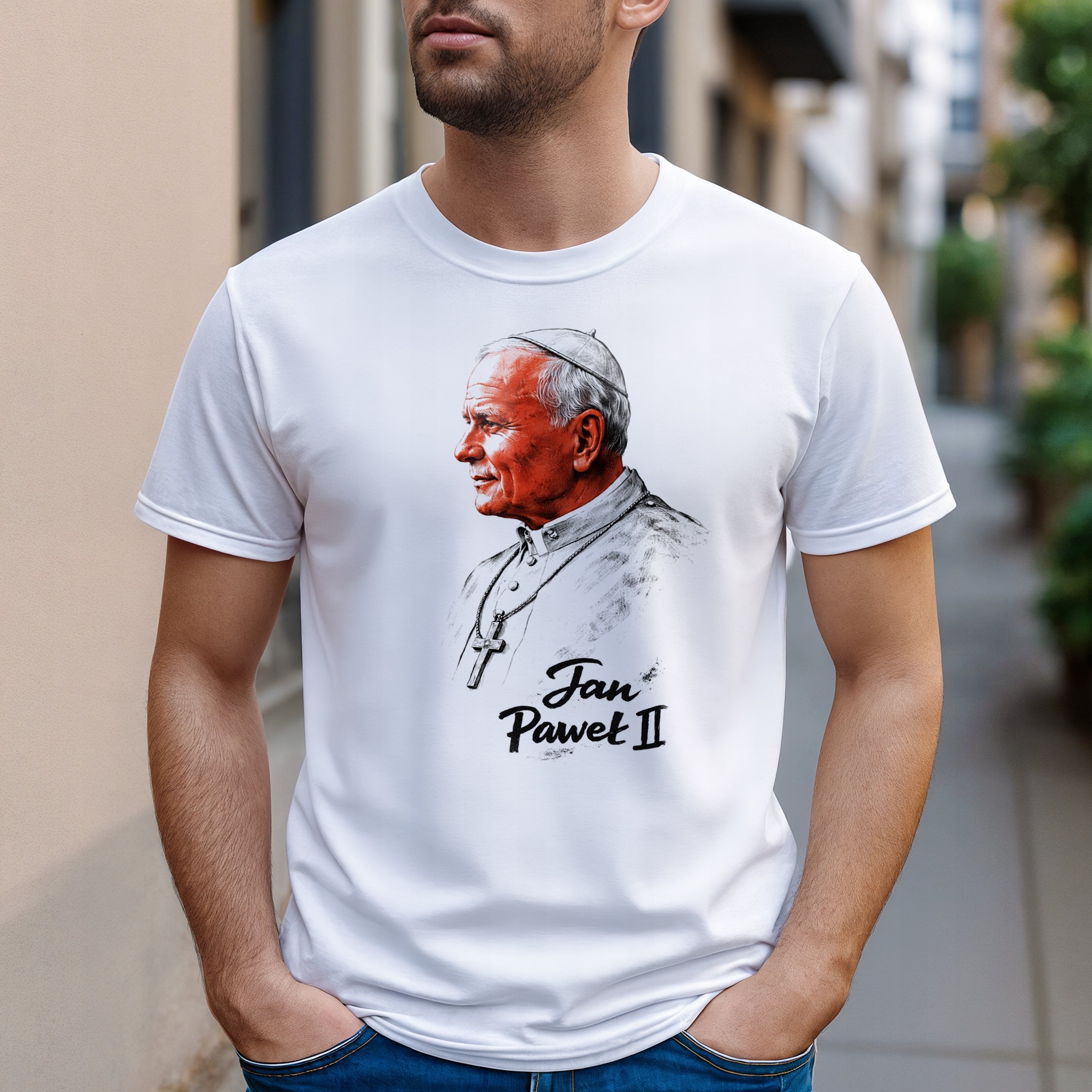 Koszulka biała męska Jan Paweł II Patriotyczna Papież Polak JP2 r. 3XL