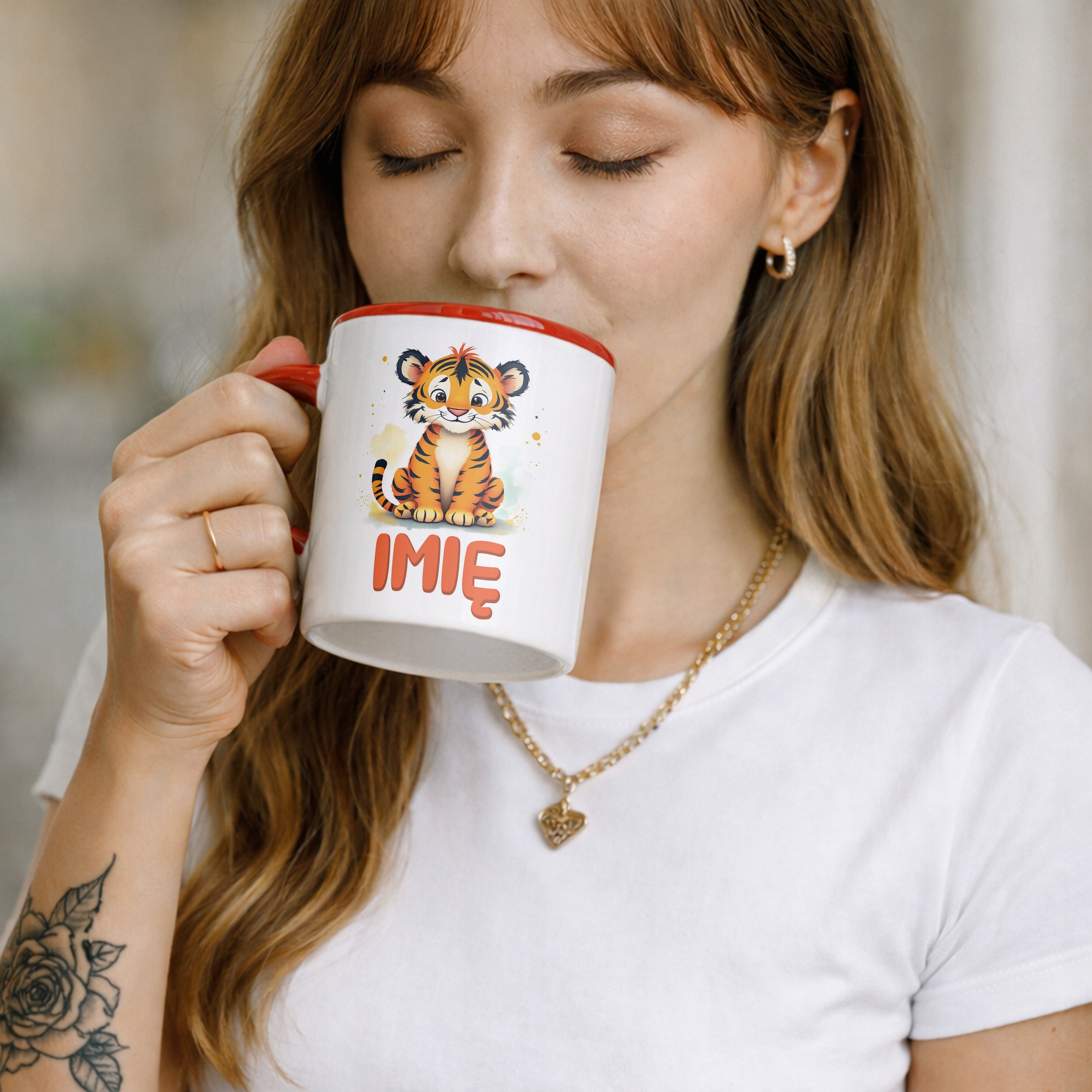 Kubek Czerwony Personalizowany Tygrys Zwierzak Słodki Dla Dzieci