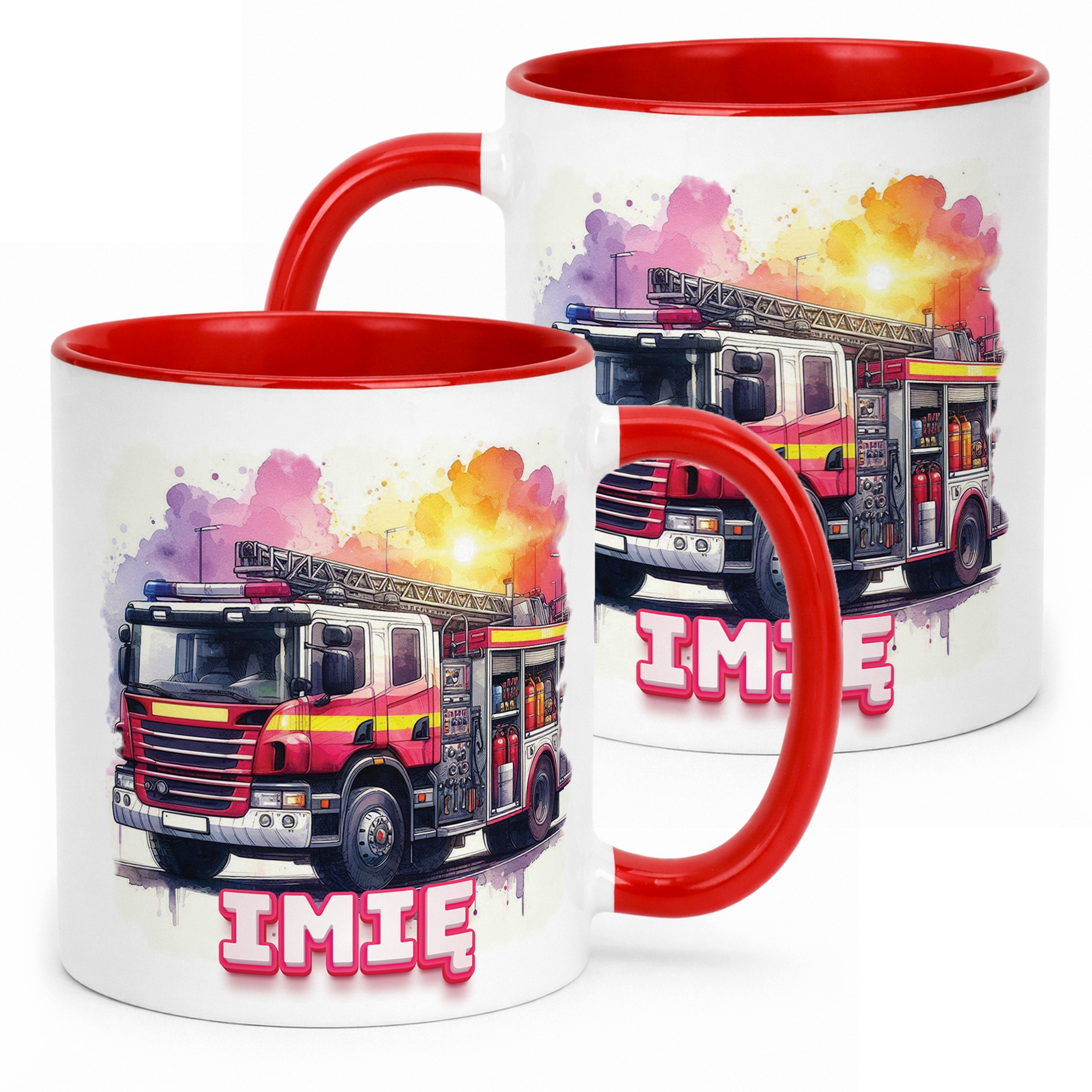 Kubek Czerwony Personalizowany Dla Strażaka Wóz Strażacki Prezent