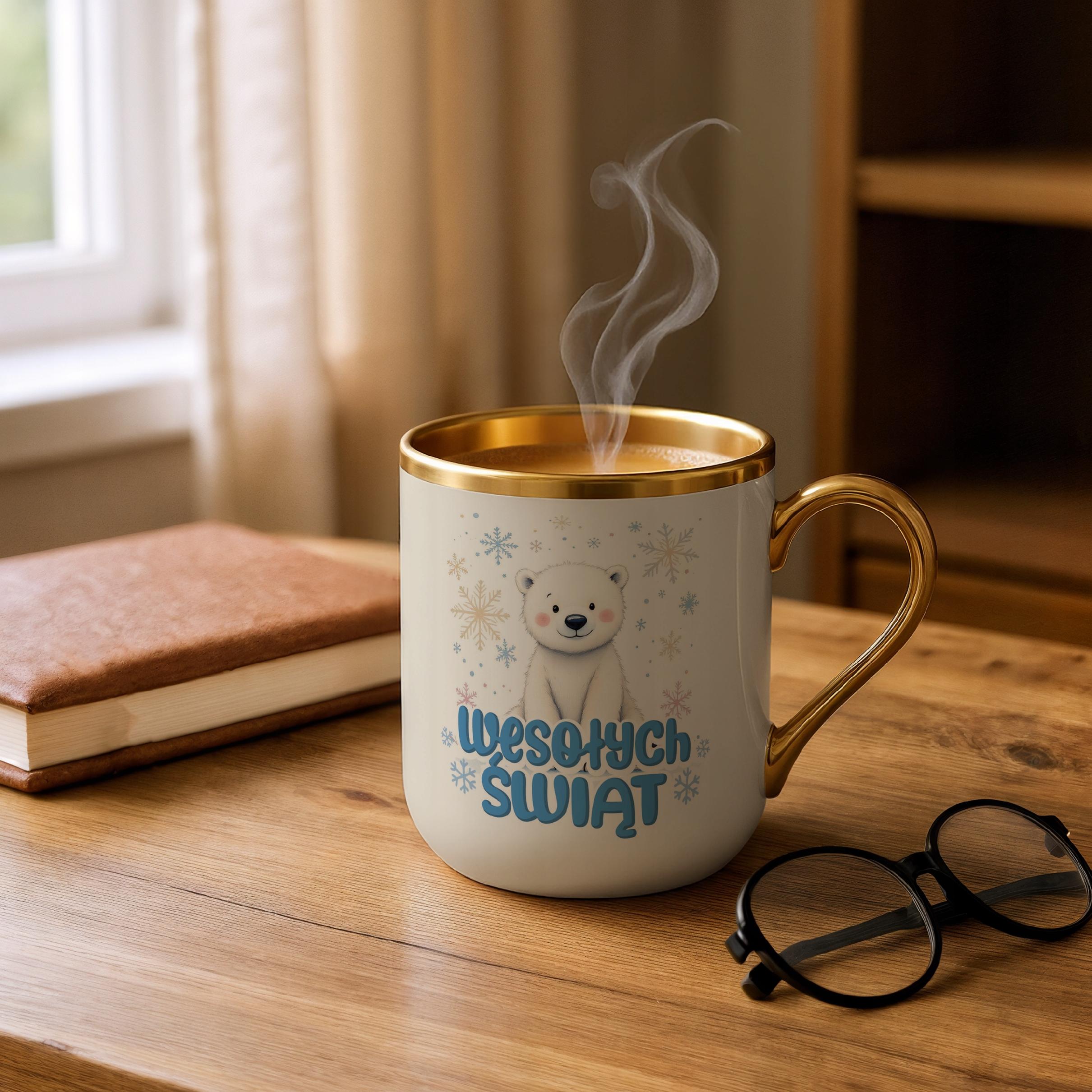 Kubek Premium Złoty Ecru Świąteczny Wesołych Świąt Boże Narodzenie
