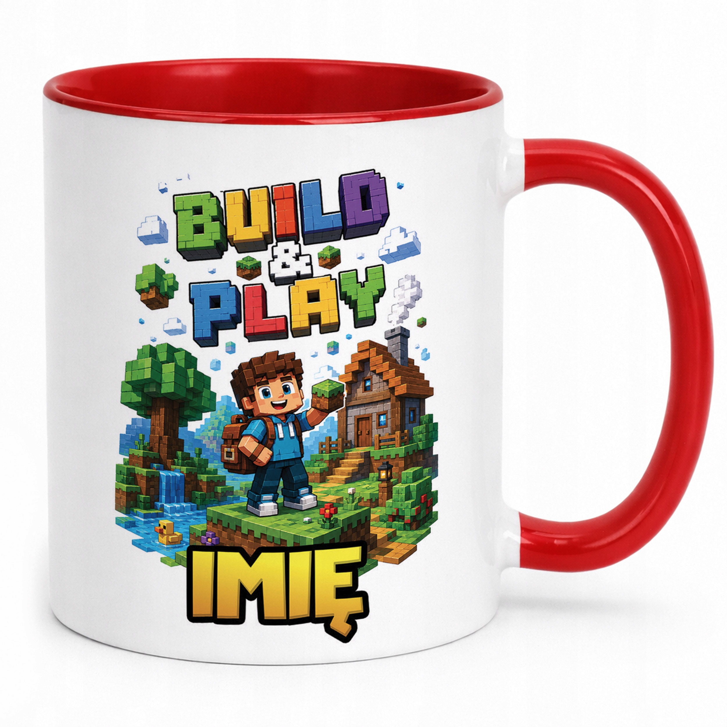 Zestaw Personalizowany Kubek Czerwony Poduszka gra Build&Play Prezent