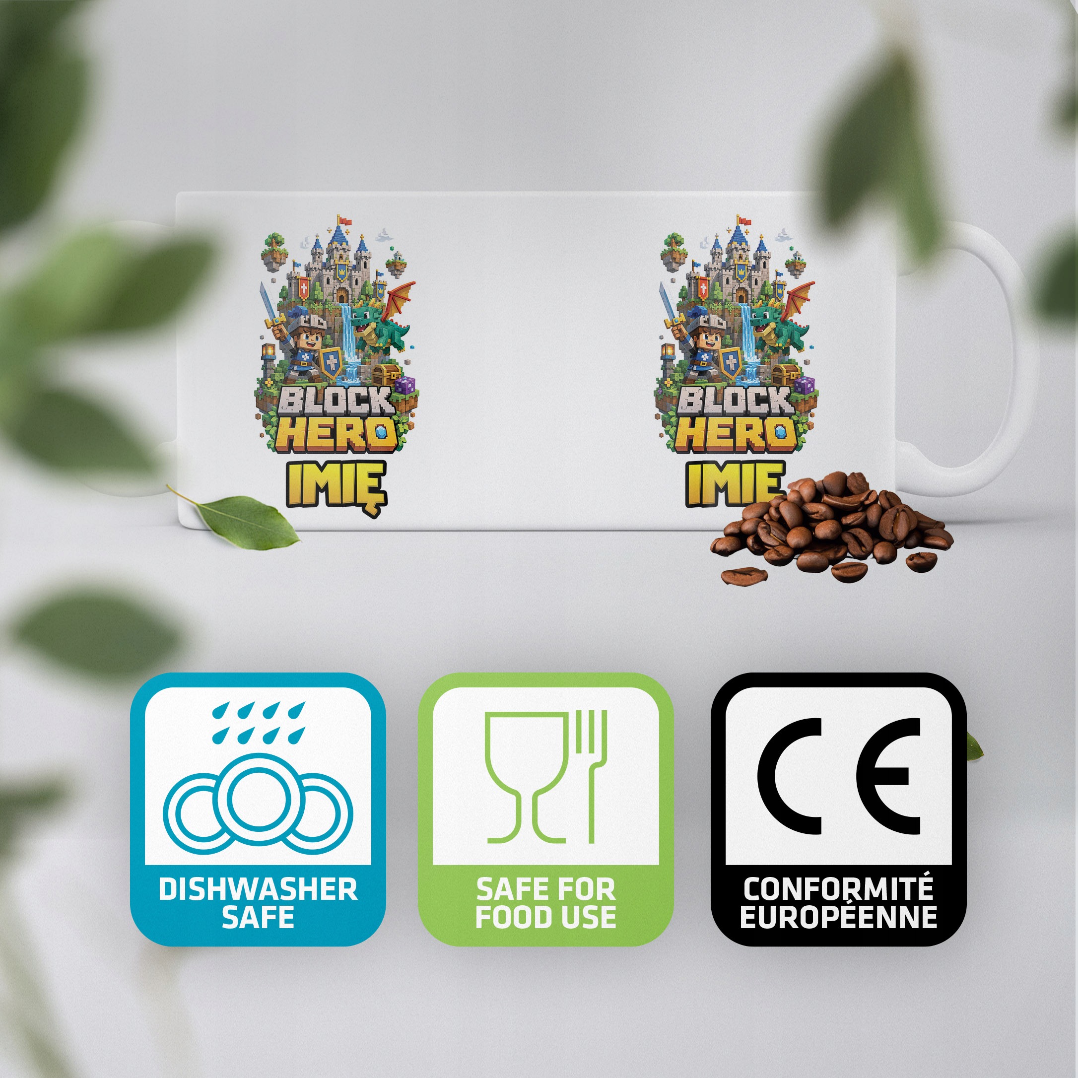 Biały Kubek z nadrukiem personalizowany BLOCK HERO Gra Dla Dzieci Prezent