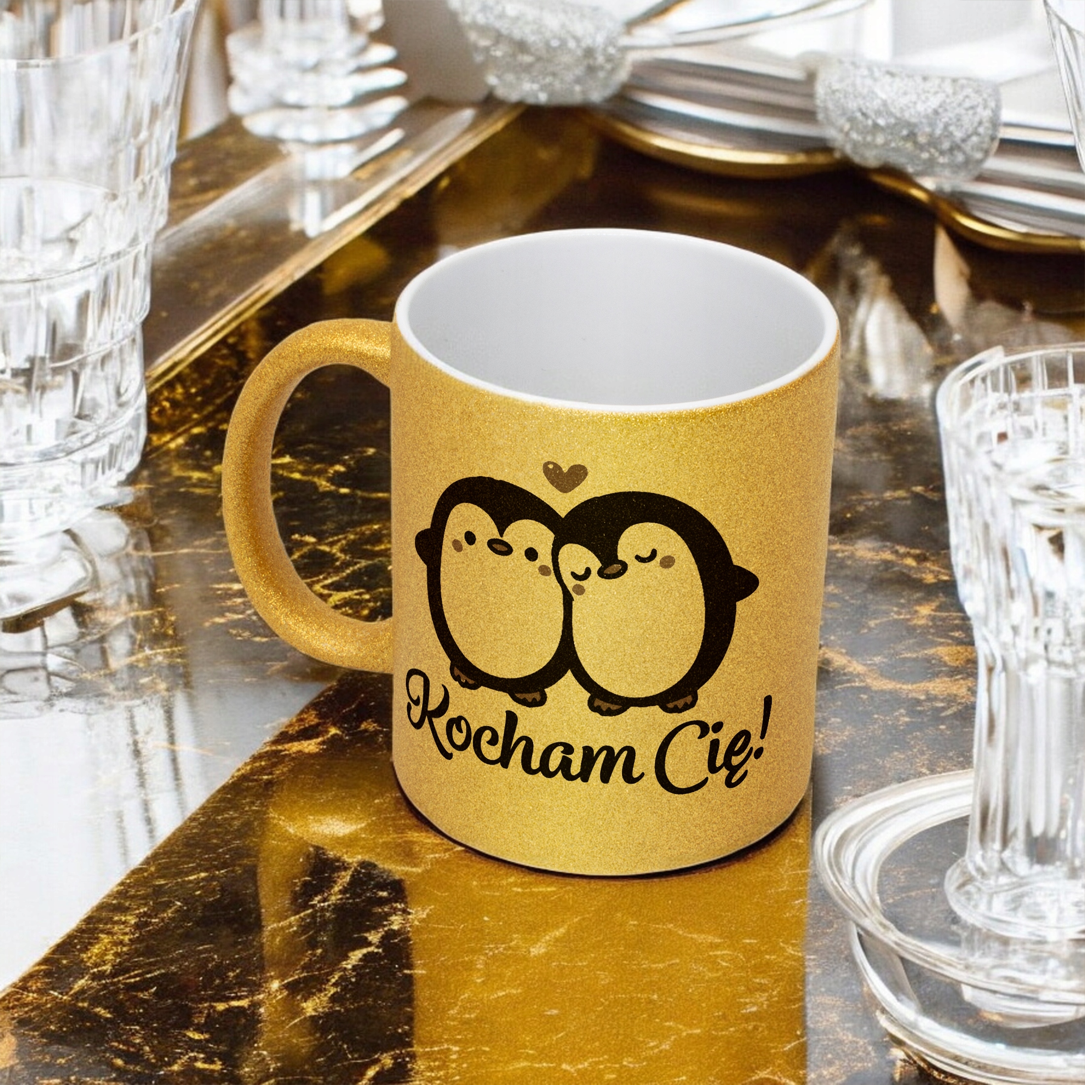 Złoty kubek brokatowy Walentynki Kocham Cię Pingwiny Prezent