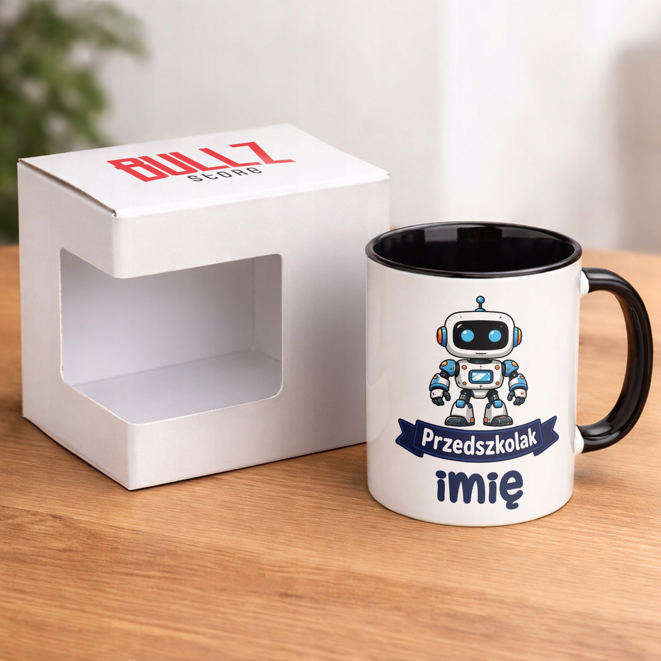 Zestaw Personalizowany Kubek Czarny Poduszka Przedszkolak Robot