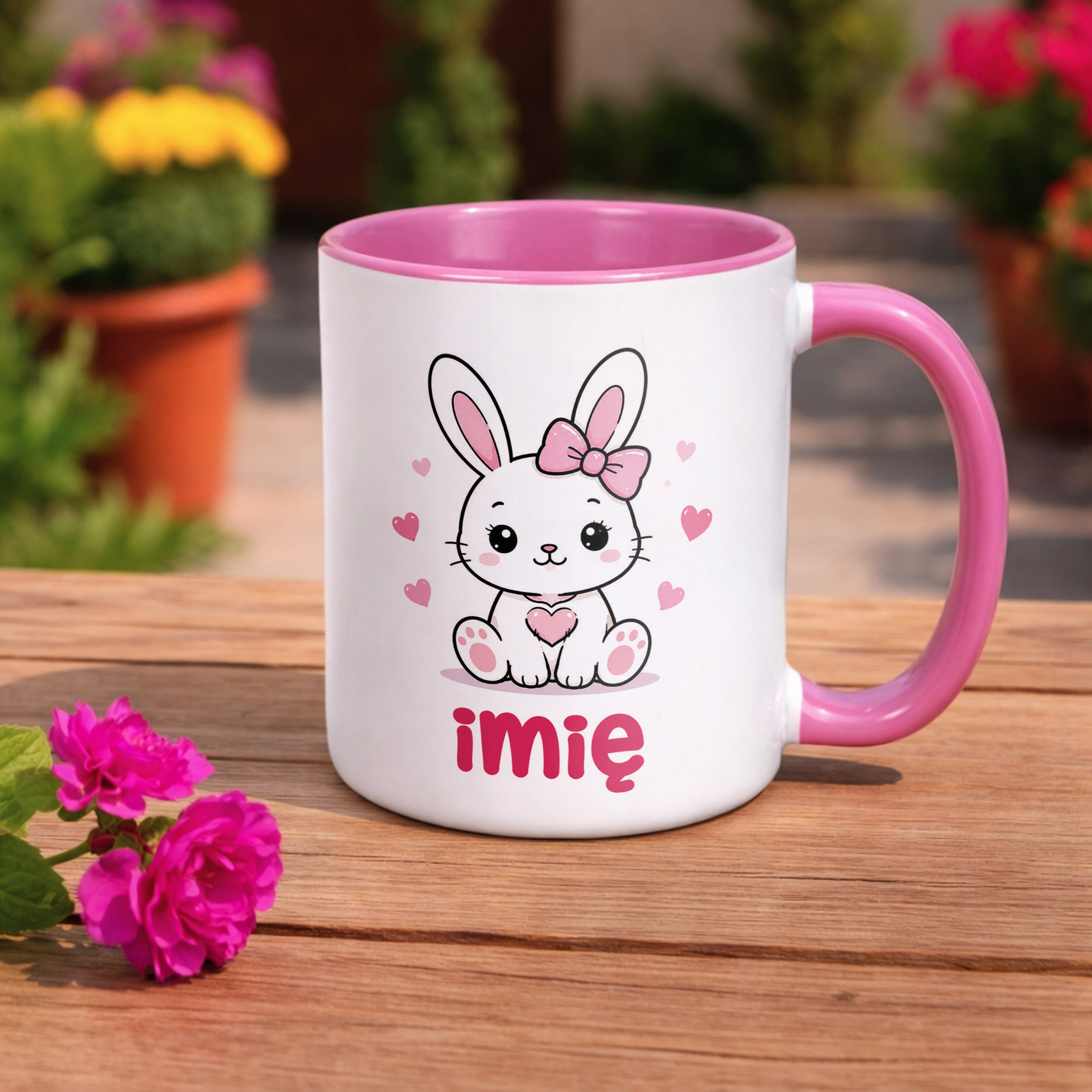 Zestaw Personalizowany Kubek Różowy Poduszka Króliczek Prezent
