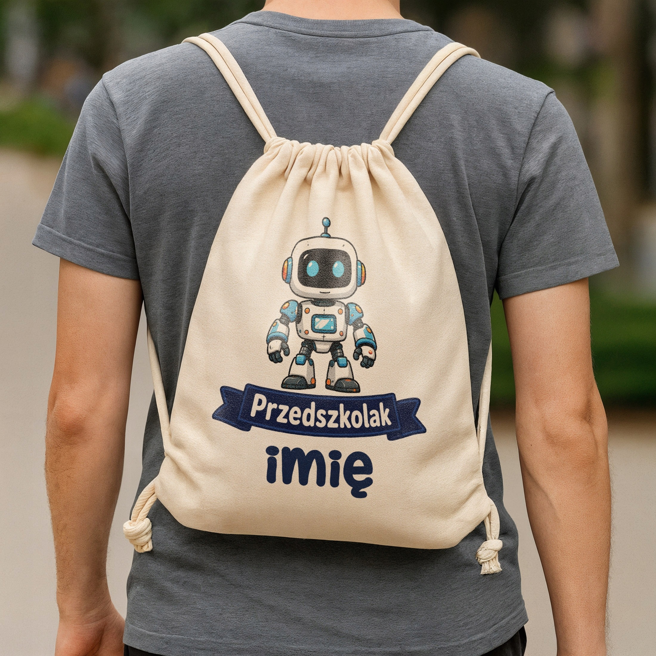 Zestaw Personalizowany Plecak Worek Kubek Czarny Przedszkolak Robot