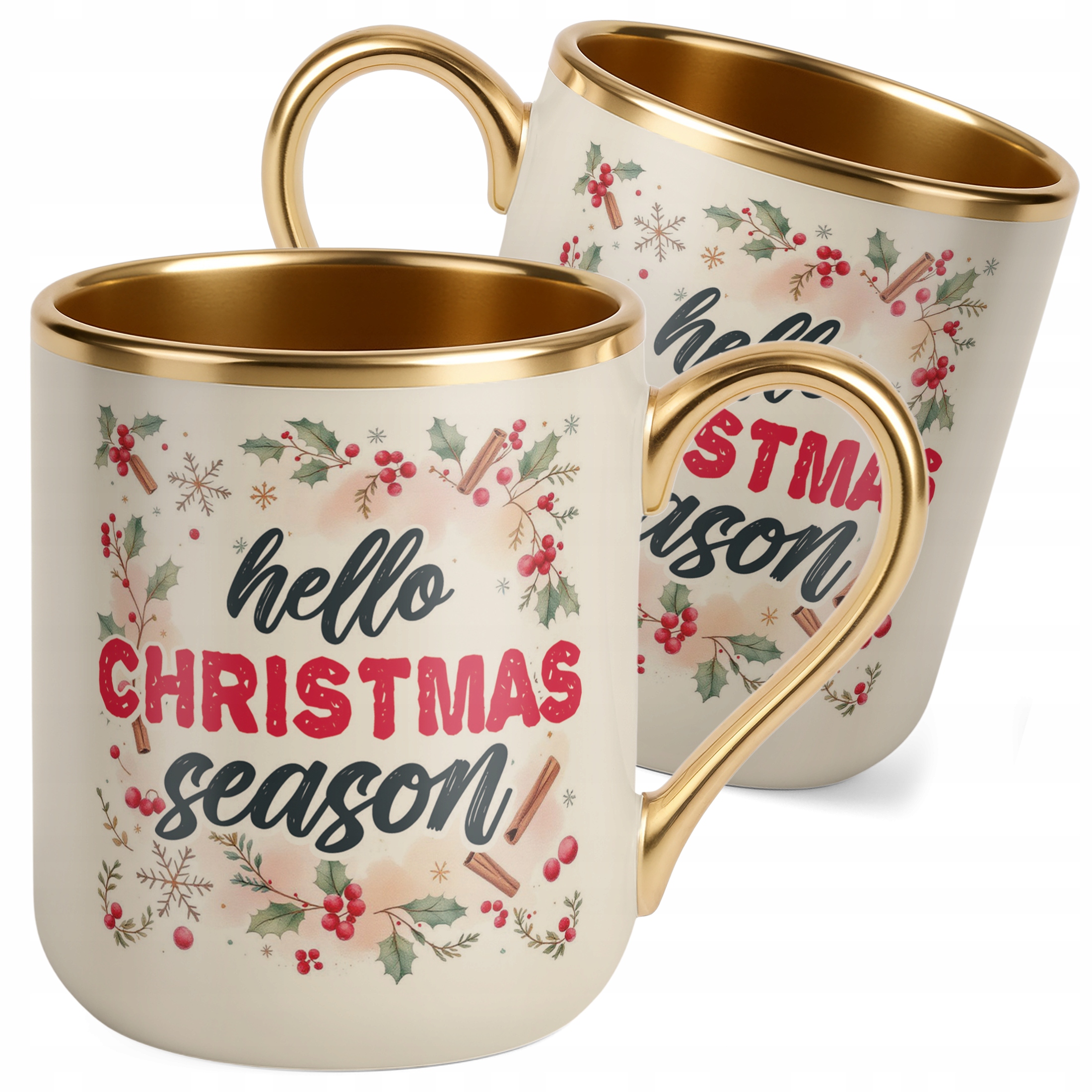 Kubek Premium Złoty Ecru Świąteczny Hello Christmas Boże Narodzenie