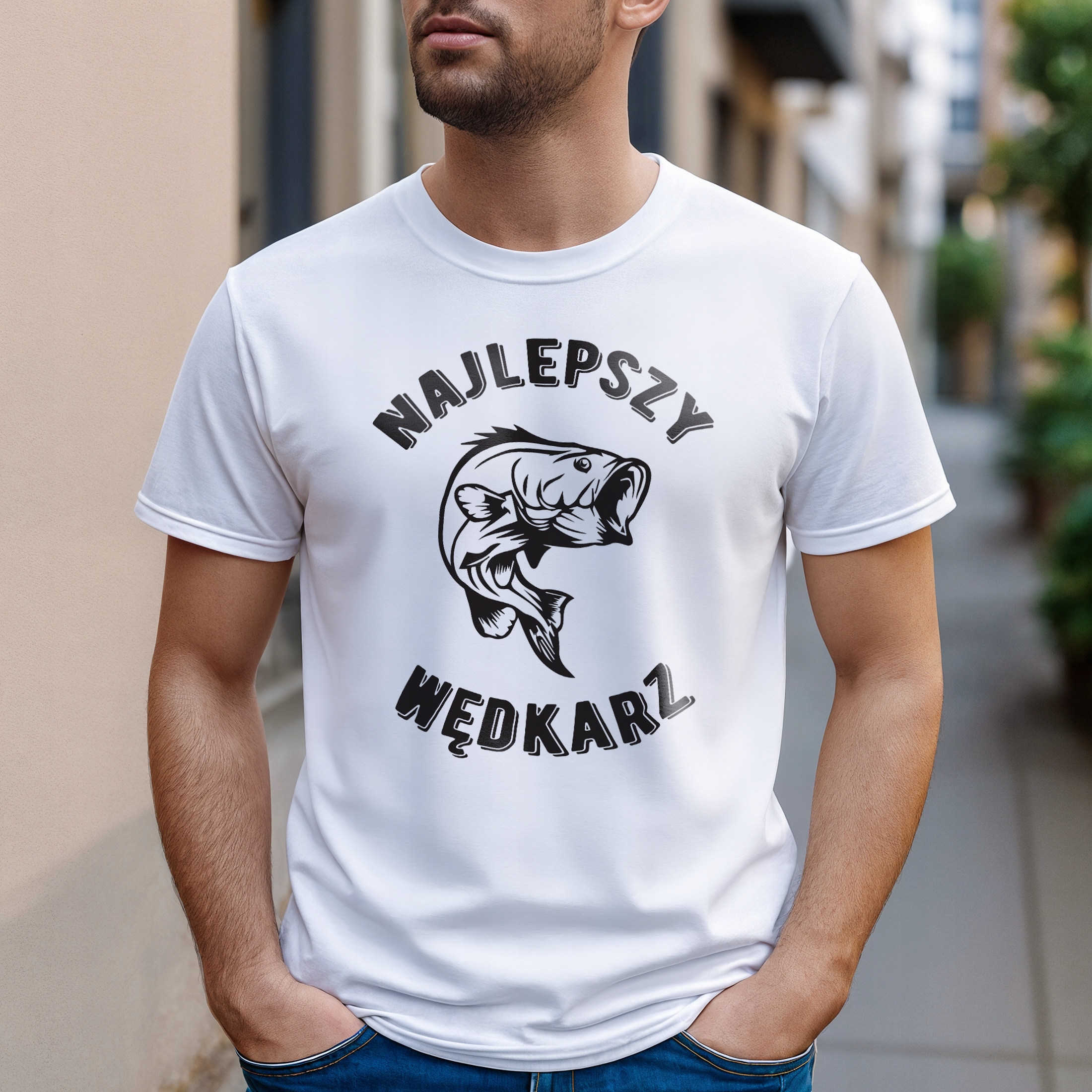 Koszulka biała męska Dla Wędkarza Wędkowanie Ryby Prezent