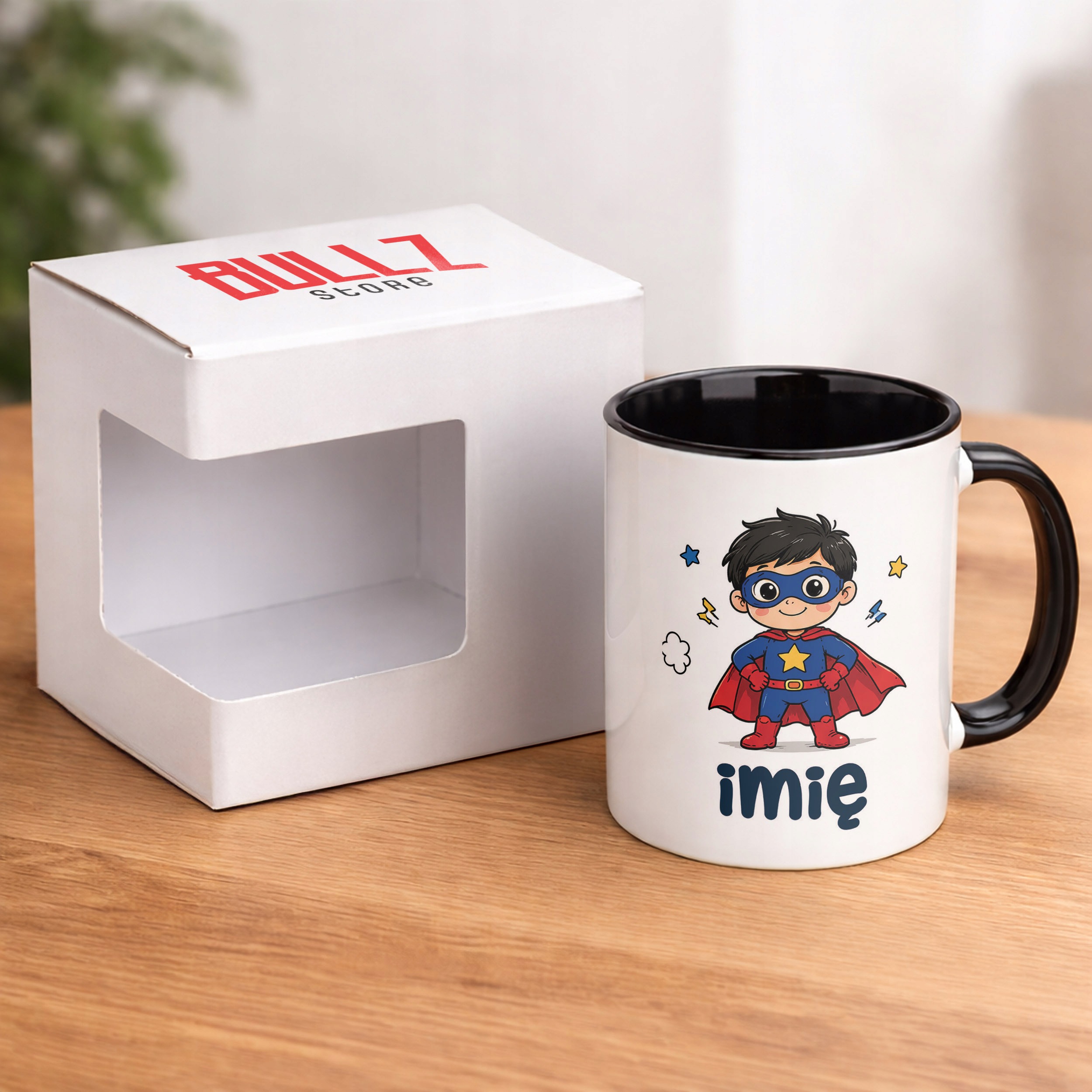 Zestaw Personalizowany Kubek Czarny Poduszka Superbohater Prezent
