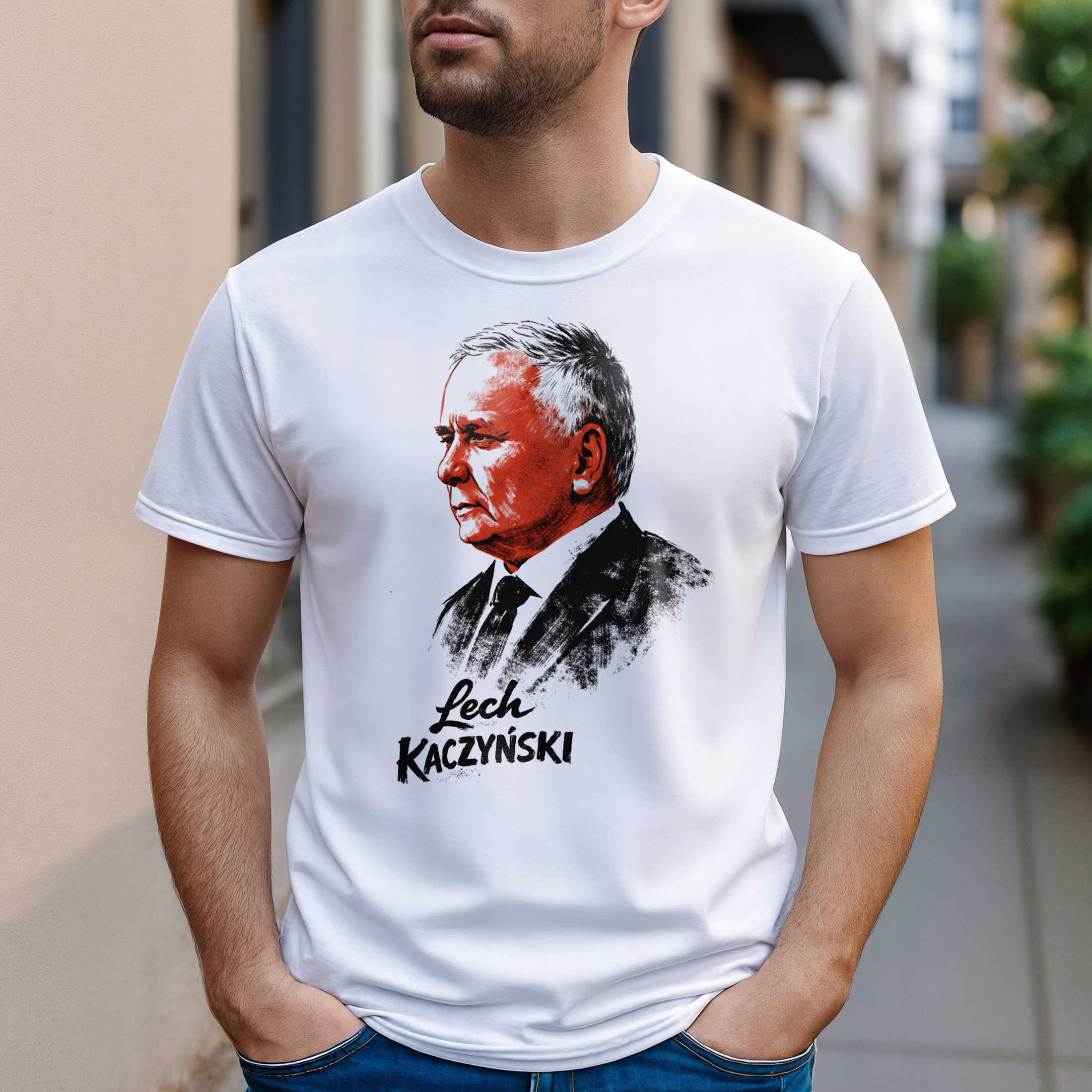 Koszulka biała męska Lech Kaczyński Patriotyczna Prezydent Polski