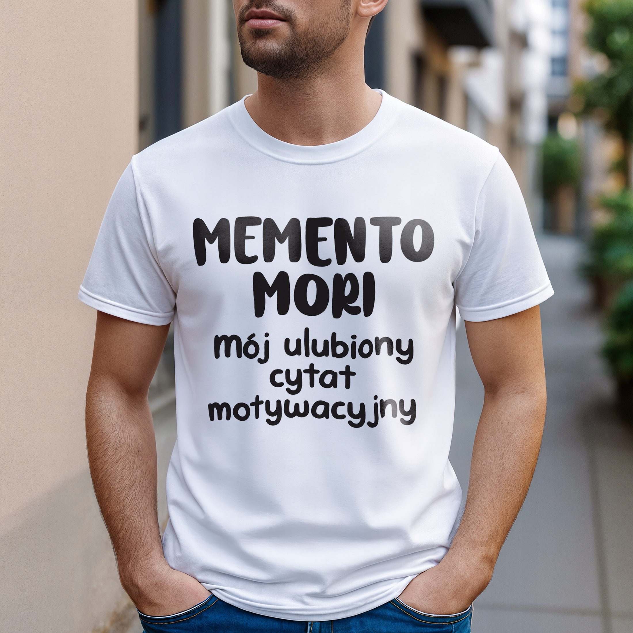 Koszulka biała męska Memento Mori Cytat Motywacyjny Prezent