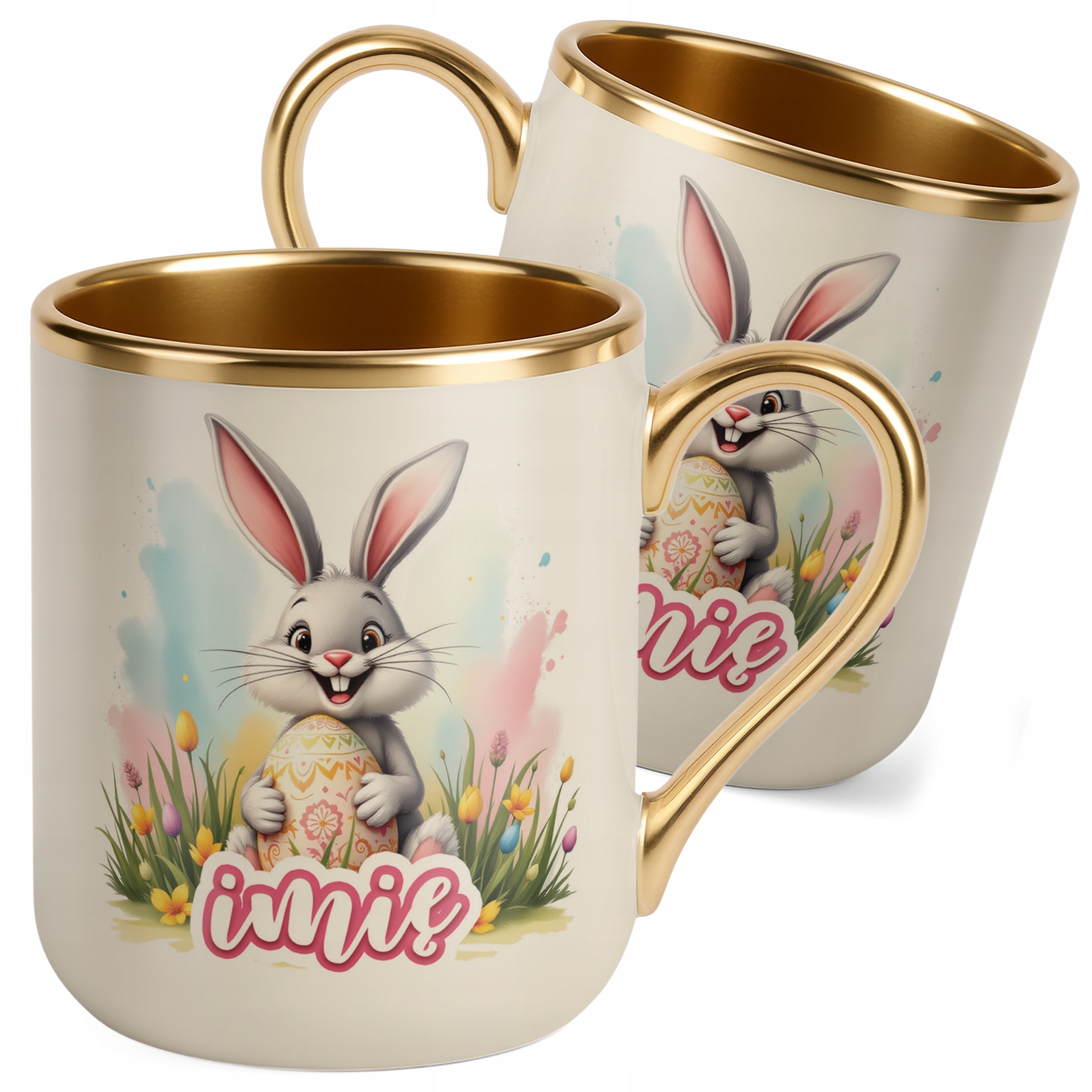 Kubek Premium Złoty Ecru Personalizowany Wielkanoc Prezent Zając Wiosna