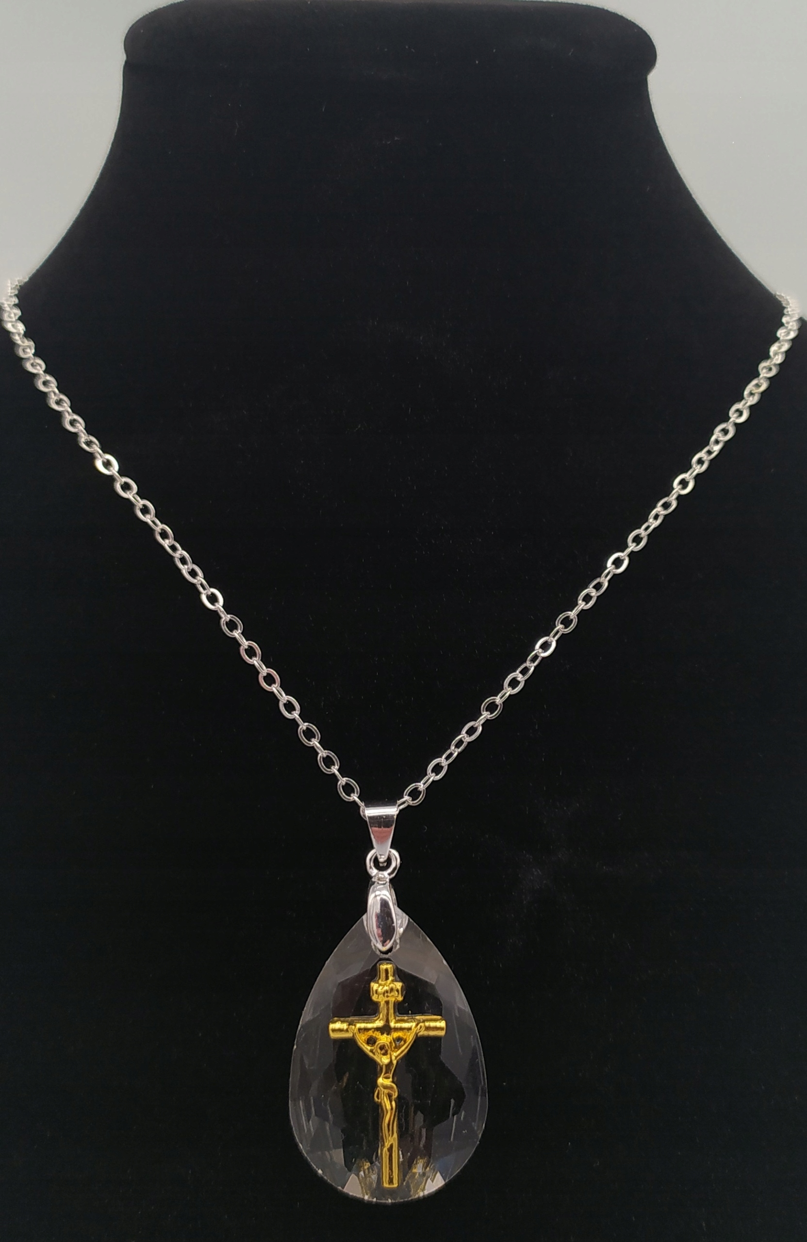 Krzyż INRI Gold Łezka Kryształ Jezus Chrystus Bóg