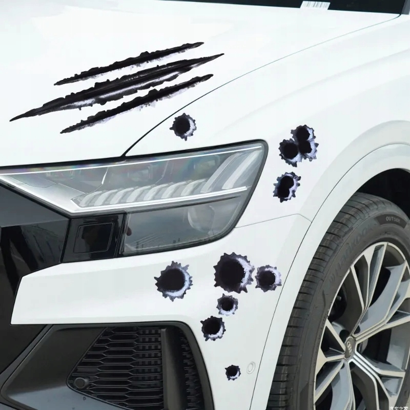 Naklejka 3D samochód dziury po kulach zadrapanie pazury auto tuning krecha