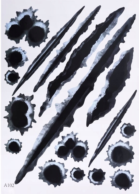 Naklejka 3D samochód dziury po kulach zadrapanie pazury auto tuning krecha