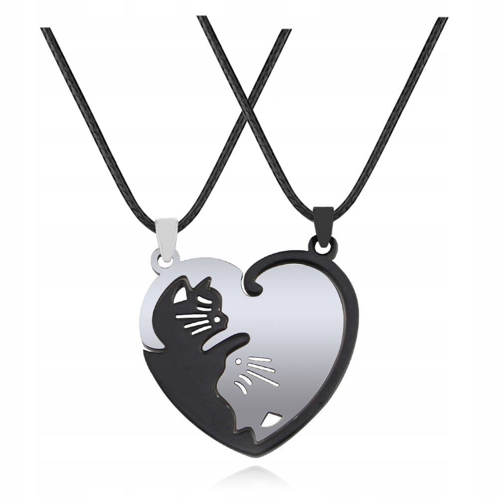 Naszyjniki Serduszko Połówy Koty Komplet Yin Yang 2x Wisory dla Zakochanych