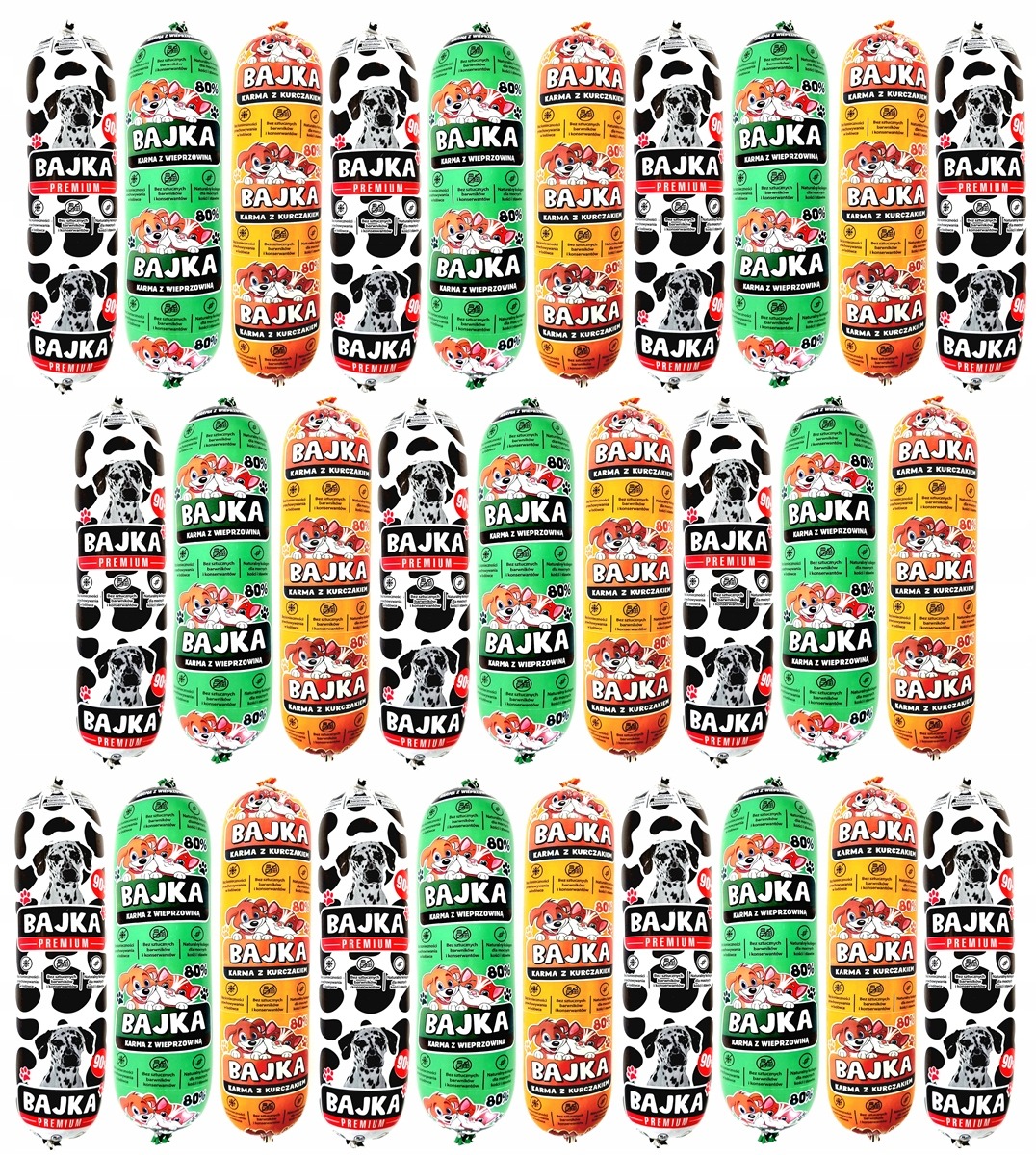 Karma dla psa mokra baton Bajka 80% i 90% mięsa mix smaków 1kg - 29 sztuk