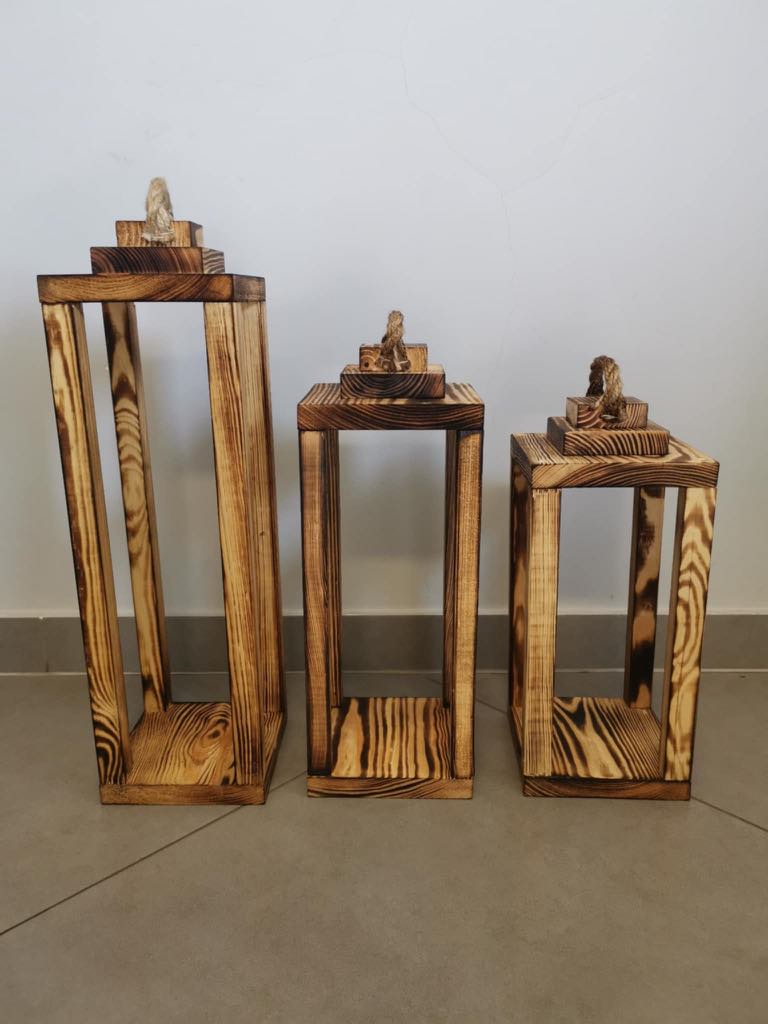 Zestaw 3 Lampionów 35 40 50 cm LAMPIONY DREWNIANE Baza pod stroik Dekor nr8