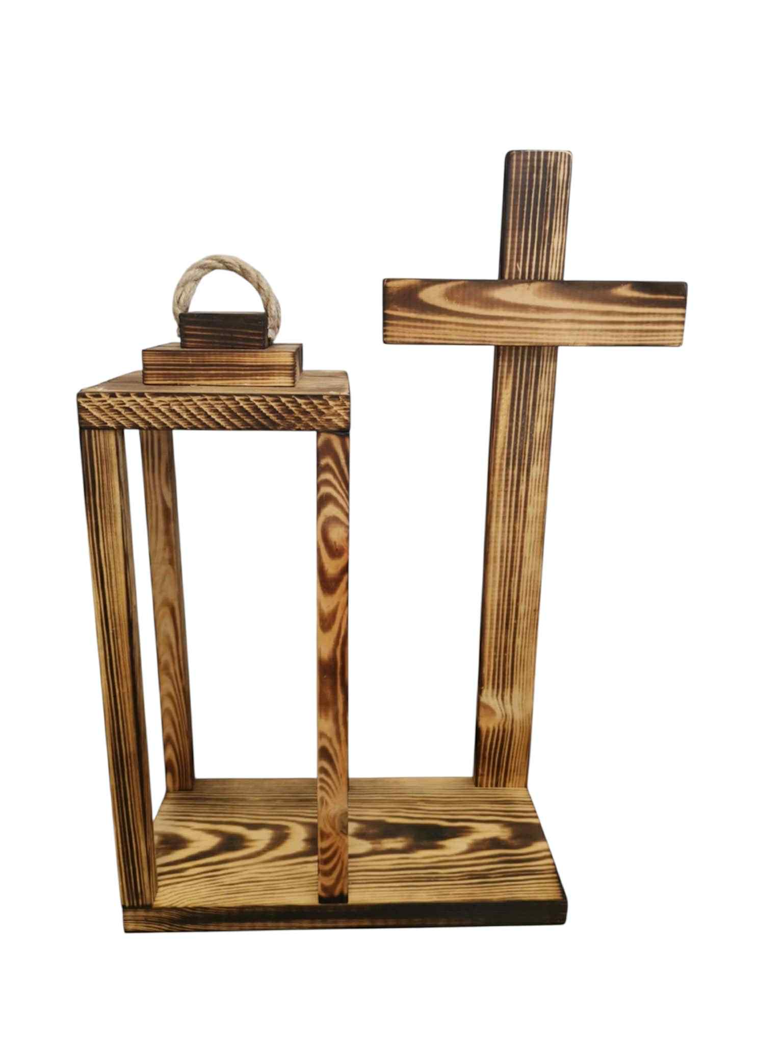 Lampion drewniany z podstawą i dużym Krzyżem 40cm Baza pod stroik Dekor nr7