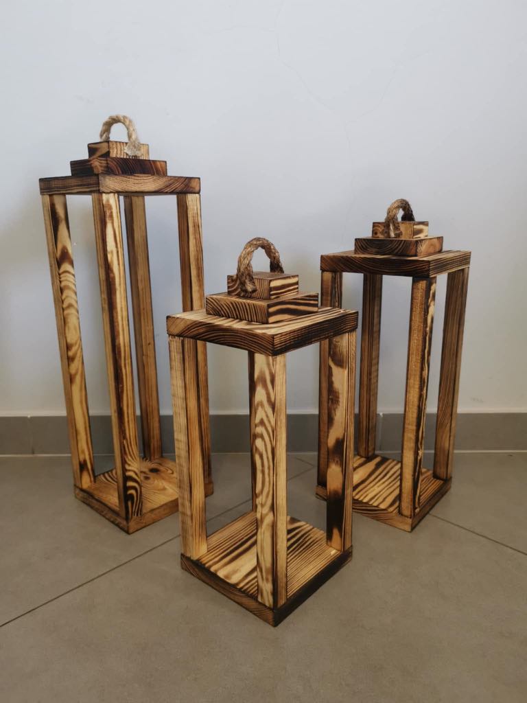 Zestaw 3 Lampionów 35 40 50 cm LAMPIONY DREWNIANE Baza pod stroik Dekor nr8