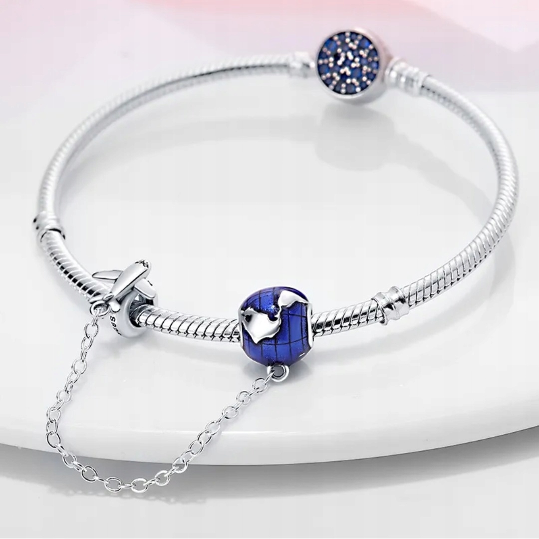 Łańcuszek Zabezpieczający Charms SREBRO 925 Samolot i Planeta