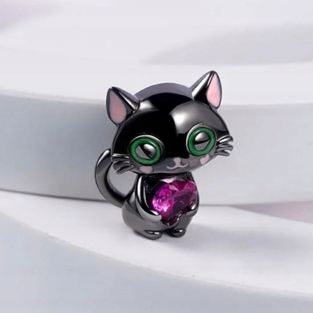 Zawieszka SREBRO 925 Charms Koralik Czarny Kotek z sercem