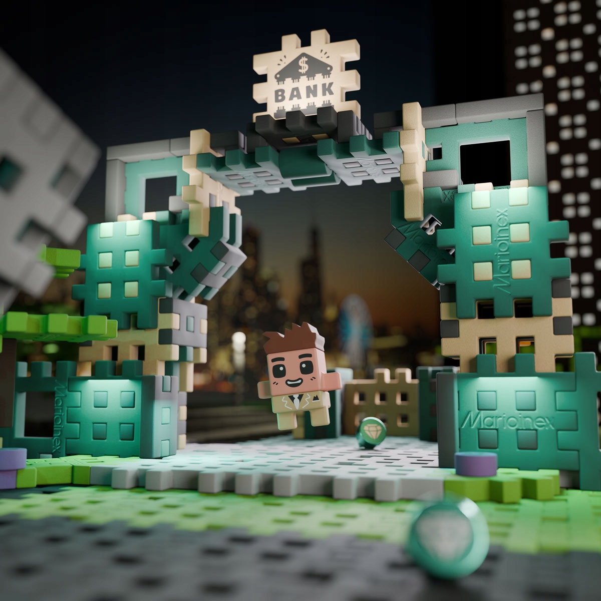 Marioinex Wafle Mini NAPAD NA BANK, skarbiec z diamentami 148 el 4 figurki