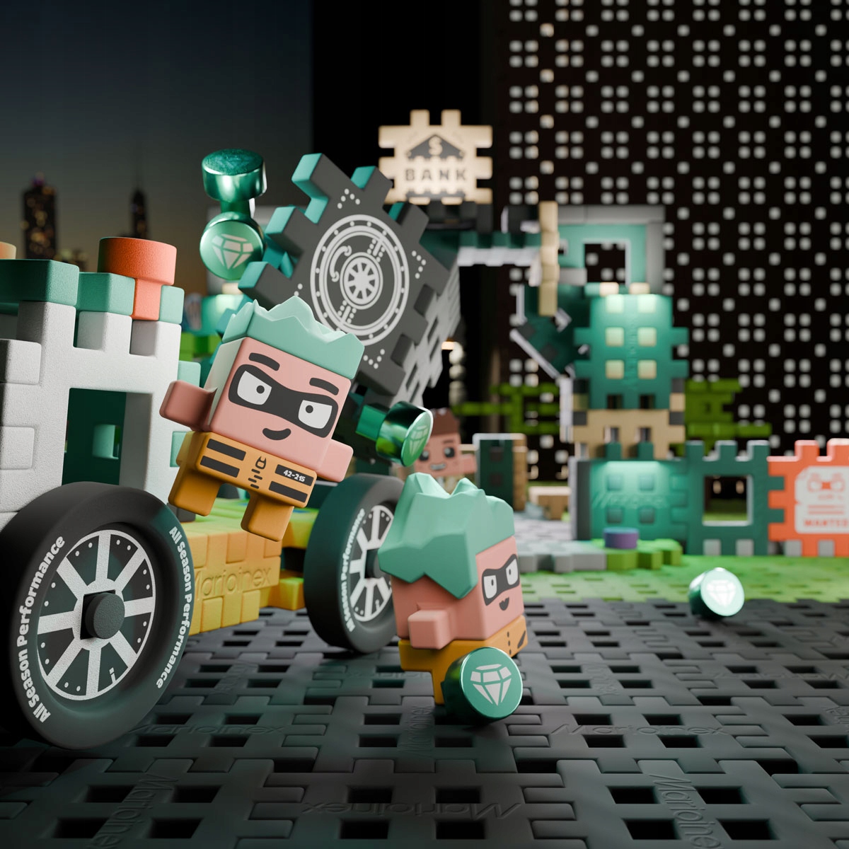 Marioinex Wafle Mini NAPAD NA BANK, skarbiec z diamentami 148 el 4 figurki