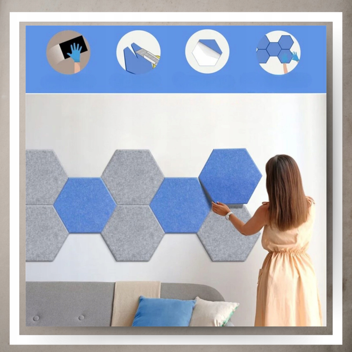 Panele Ścienne Filcowe 3D Heksagon Zagłówek Samoprzylepne Akustyczne Soft
