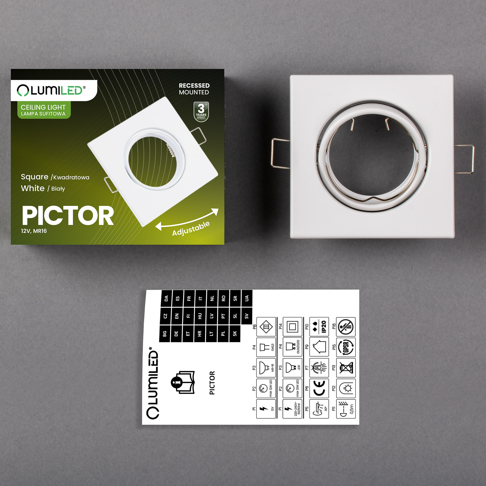 Oprawa HALOGENOWA Podtynkowa Ruchoma Kwadrat PICTOR Biała Blacha MR16 GU10 - skład produktu