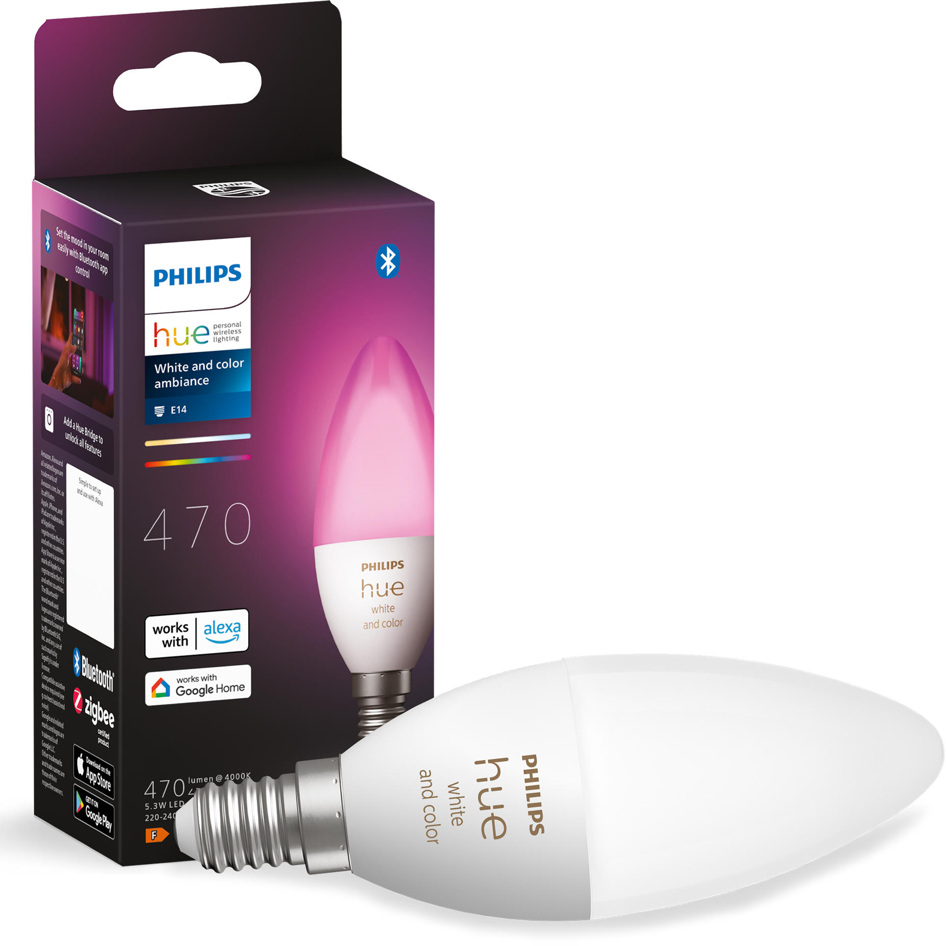 Żarówka LED E14 Świeczka B39 5.3W = 40W 470lm 2000-6500K CCT + RGB SMART Inteligentna Bluetooth ZigBee White and Color Ambiance Philips HUE - główne zdjęcie produktu