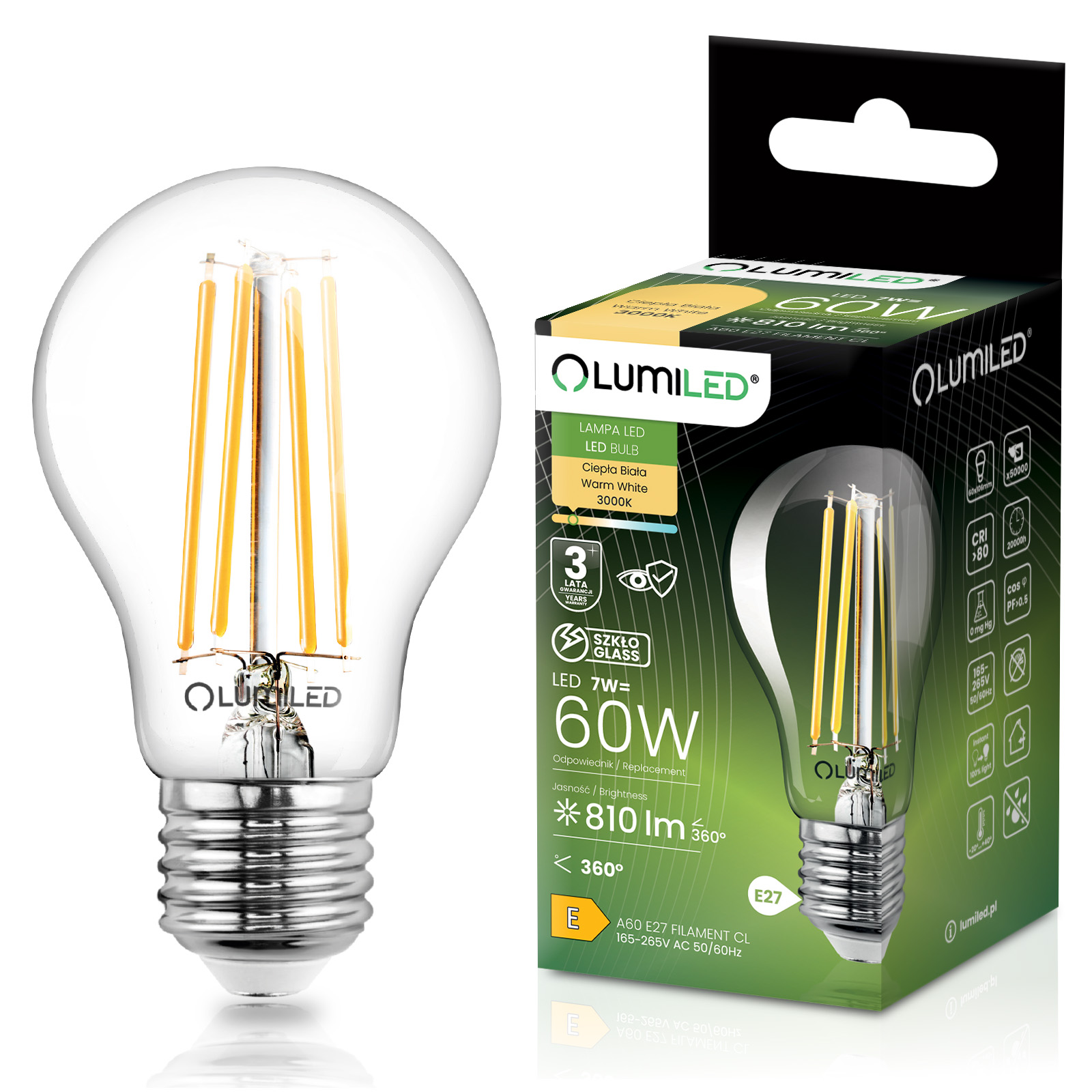 Żarówka LED E27 A60 7W = 60W 810lm 3000K Ciepła 360° FILAMENT LUMILED - główne zdjęcie produktu