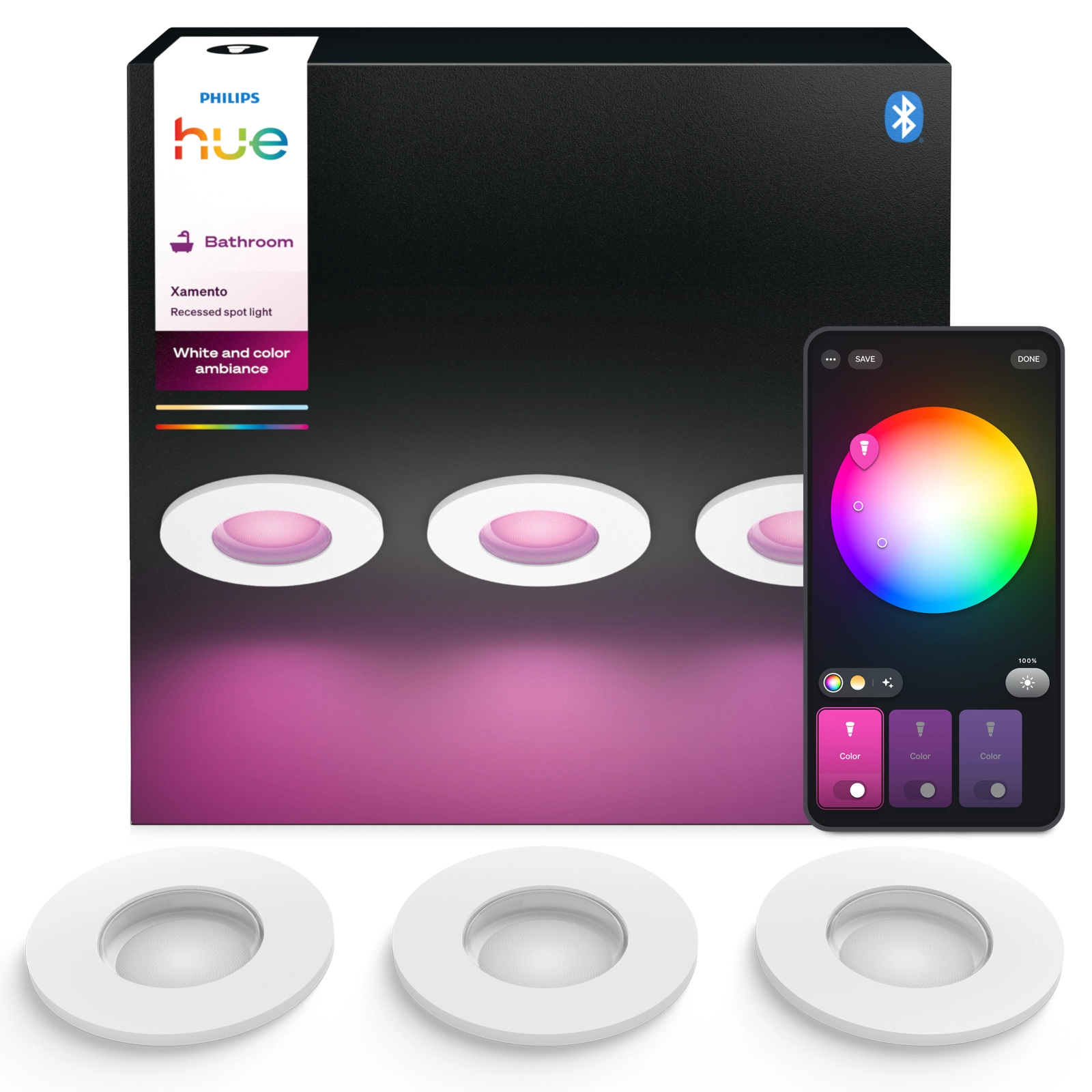 3x Oprawa Podtynkowa Wpuszczana LED Hermetyczna IP44 Łazienkowa 4.2W 400lm IP44 White and Color Ambiance RGB + TW Biała Inteligentna SMART Zigbee Bluetooth Xamento Philips HUE - główne zdjęcie produktu