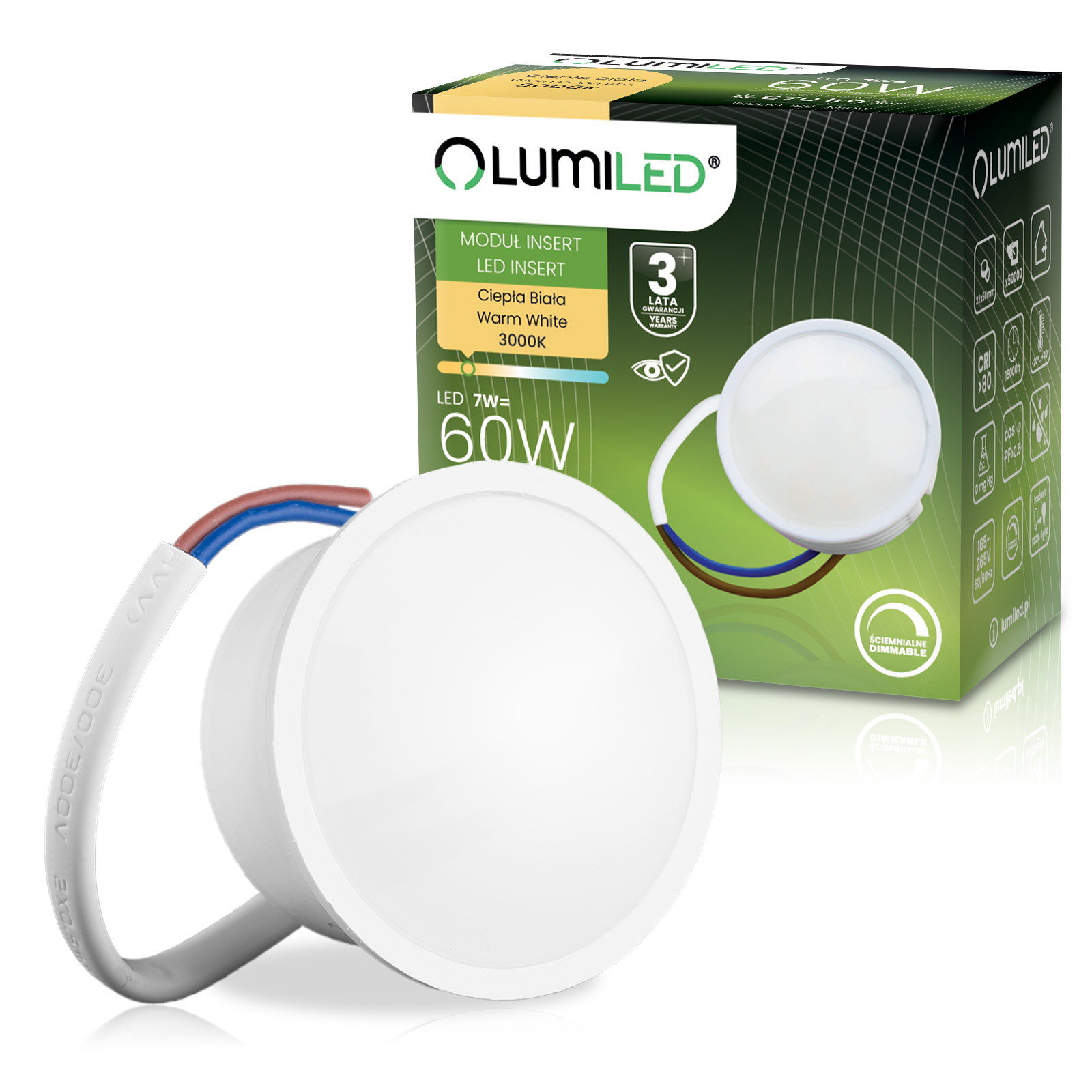 Wkład do Opraw LED Żarówka Moduł INSERT Reflektor 7W = 60W 670lm 3000K Ciepła 120° Ściemnialna LUMILED - główne zdjęcie produktu