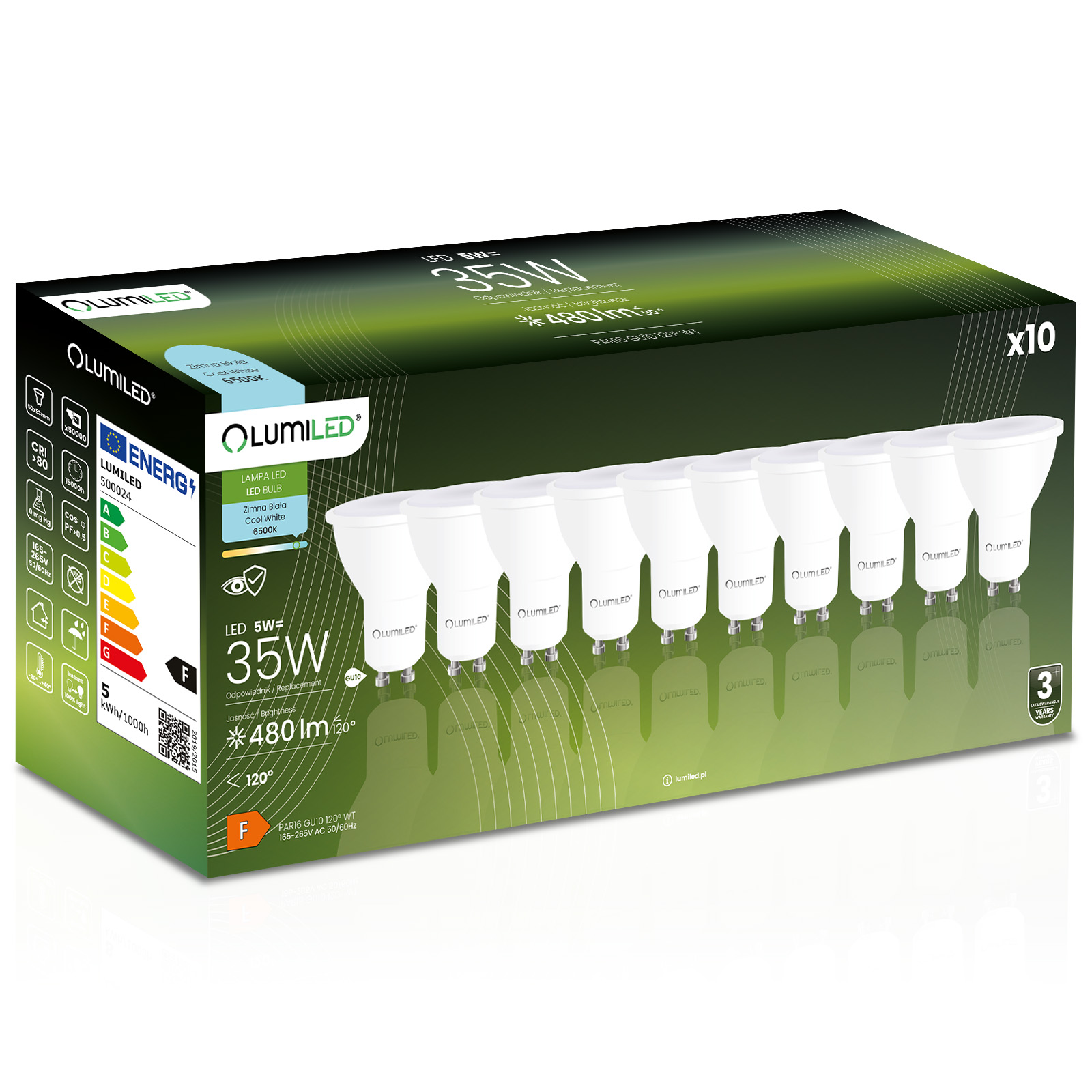 10x Żarówka LED GU10 Reflektor PAR16 5W = 35W 480lm 6500K Zimna 120° LUMILED - główne zdjęcie produktu