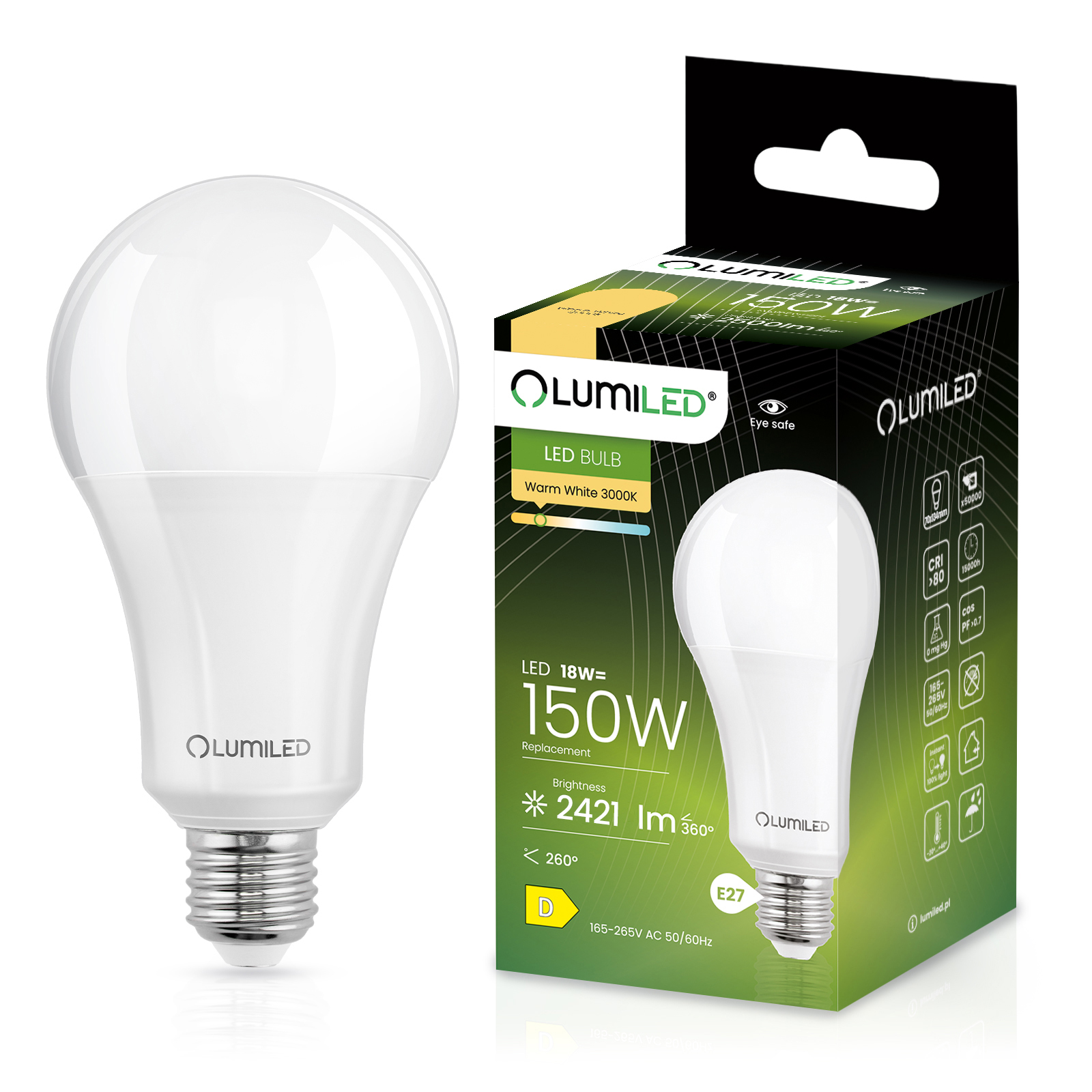 Żarówka LED E27 A70 18W = 150W 2421lm 3000K Ciepła 260° LUMILED - główne zdjęcie produktu