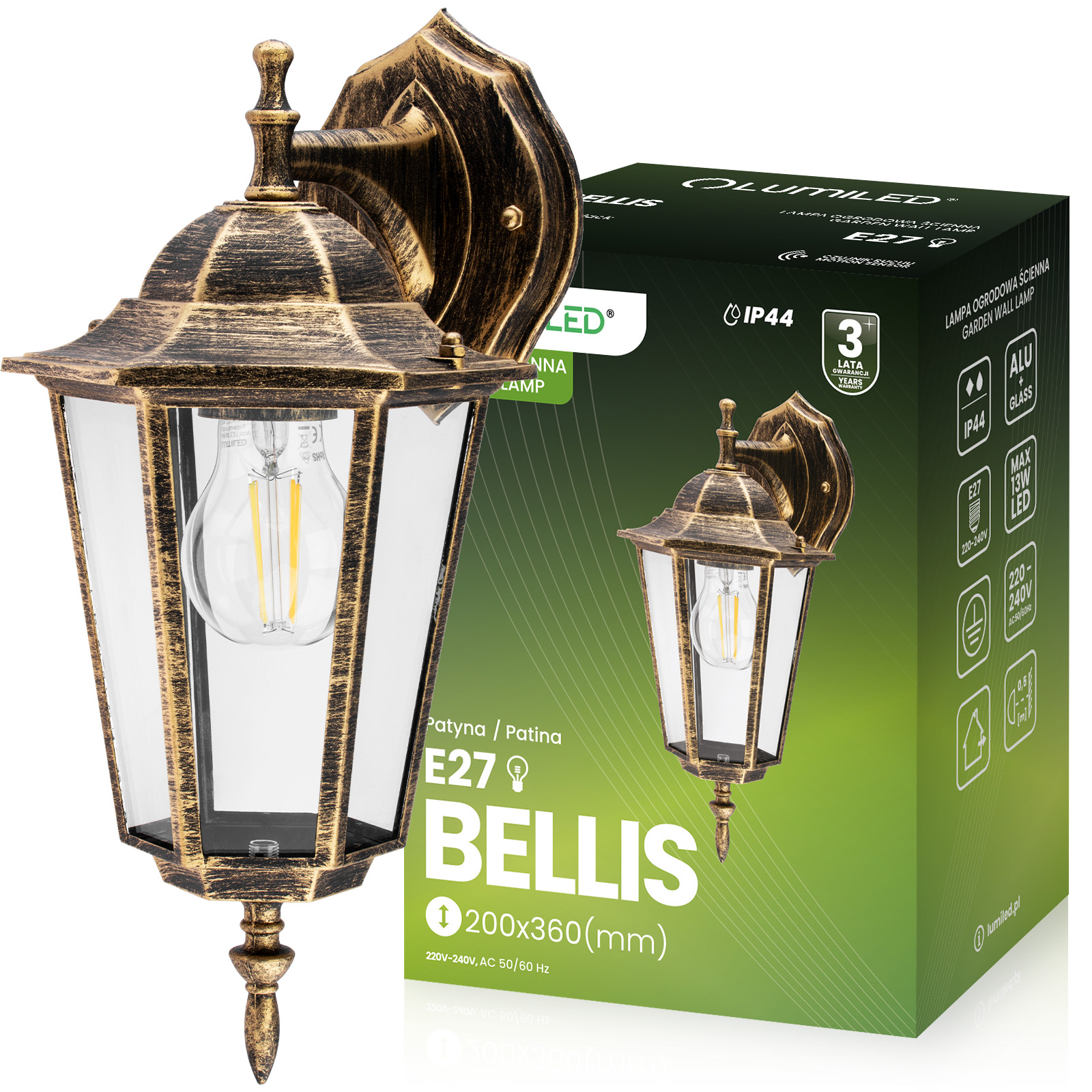 Kinkiet Ogrodowy Elewacyjny Zewnętrzny E27 LATARNIA do DOŁU Patyna BELLIS LUMILED - główne zdjęcie produktu