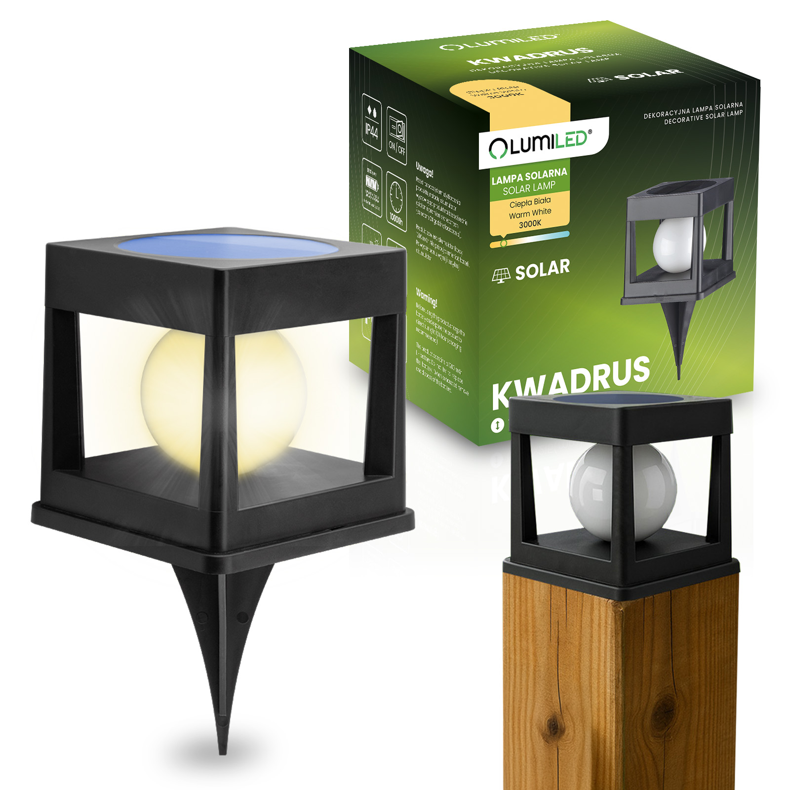 Lampa Solarna Ogrodowa LED Wbijana Zewnętrzna na Słupek Ogrodzeniowy Ogrodzenie Balustradę Taras 3000K KWADRUS LUMILED - główne zdjęcie produktu
