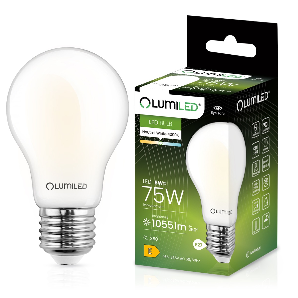 Żarówka LED E27 A60 8W = 75W 1055lm 4000K Neutralna 360° FILAMENT LUMILED - główne zdjęcie produktu