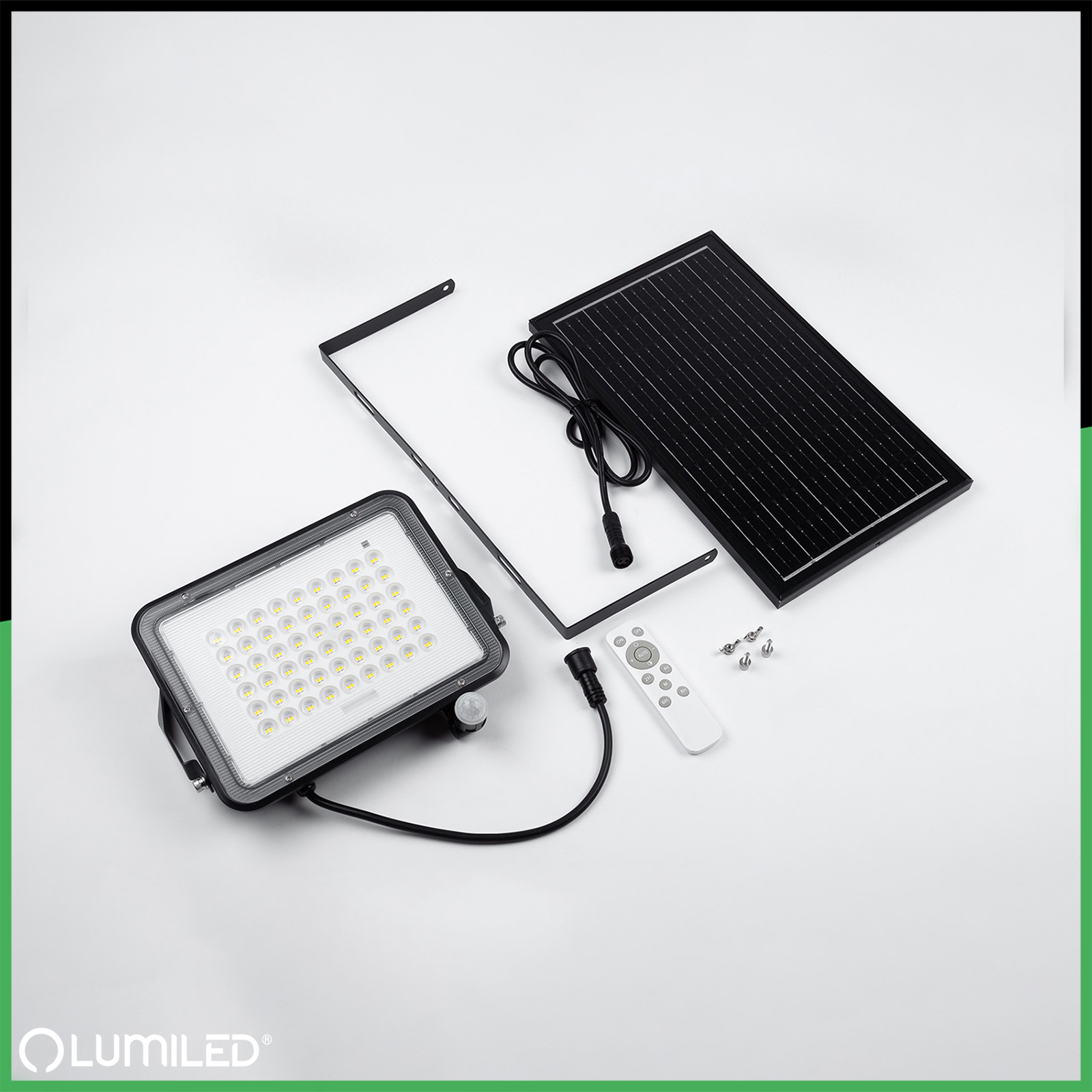 Naświetlacz Solarny LED Halogen 200W Lampa Ogrodowa 4000K IP65 Czujnik Ruchu PIR + Pilot FULGOR LUMILED - skład produktu