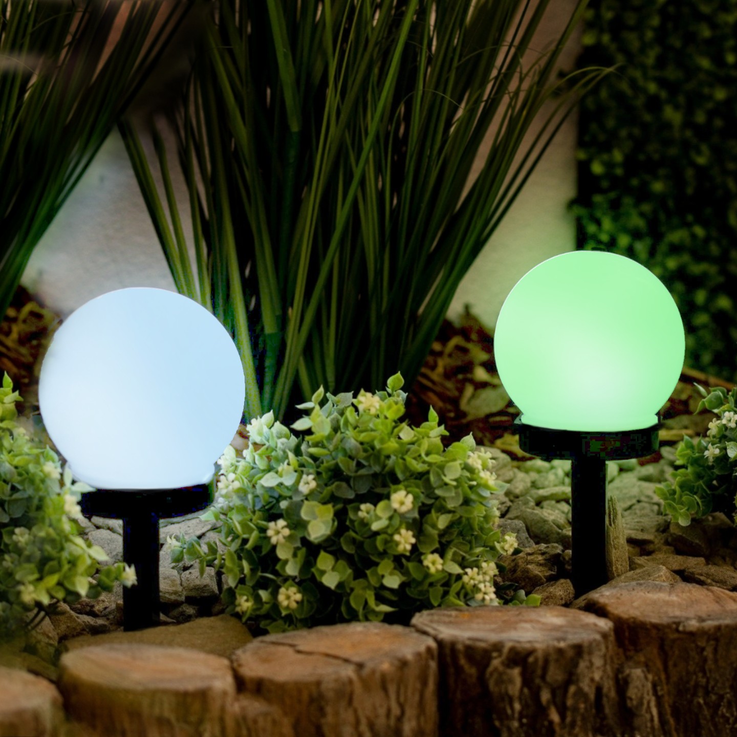 Lampa Solarna Ogrodowa LED ATRIS Wbijana Biała Kula 10cm RGB LUMILED - aranżacja