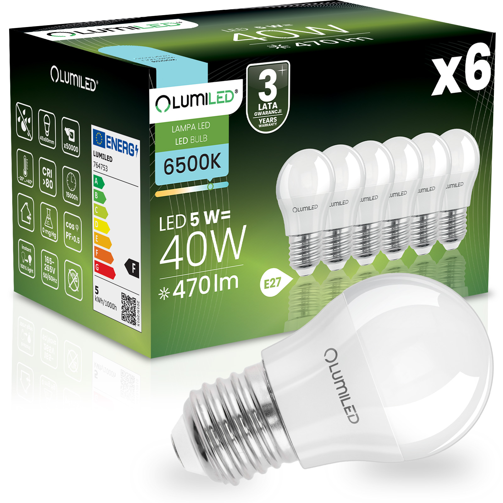 6x Żarówka LED E27 Kulka P45 5W = 40W 470lm 6500K Zimna 180° LUMILED - główne zdjęcie produktu