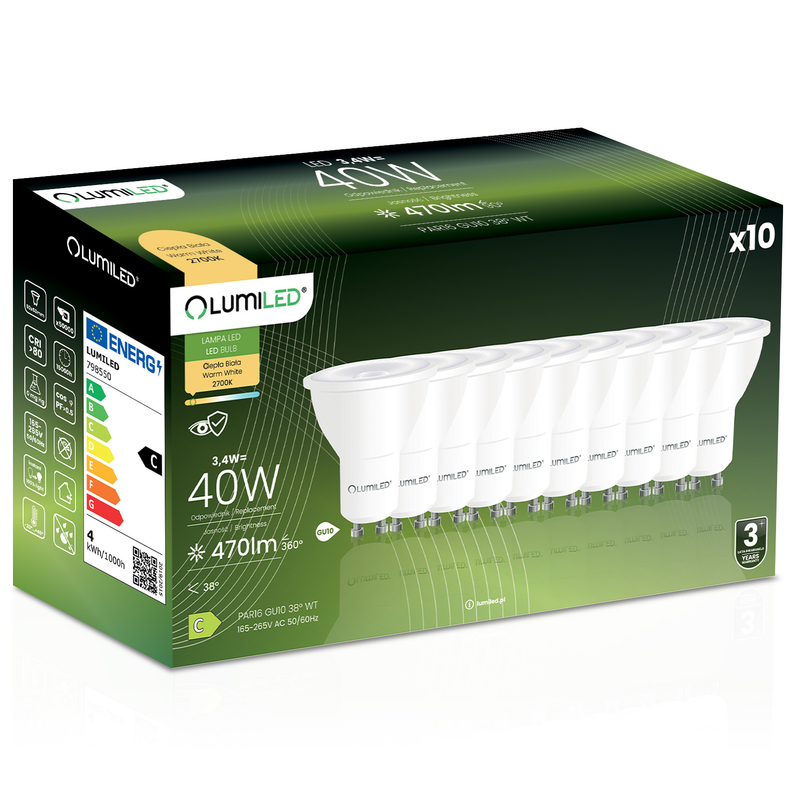 10x Żarówka LED GU10 Reflektor PAR16 3,4W = 40W 470LM 2700K Ciepła 38° LUMILED - główne zdjęcie produktu
