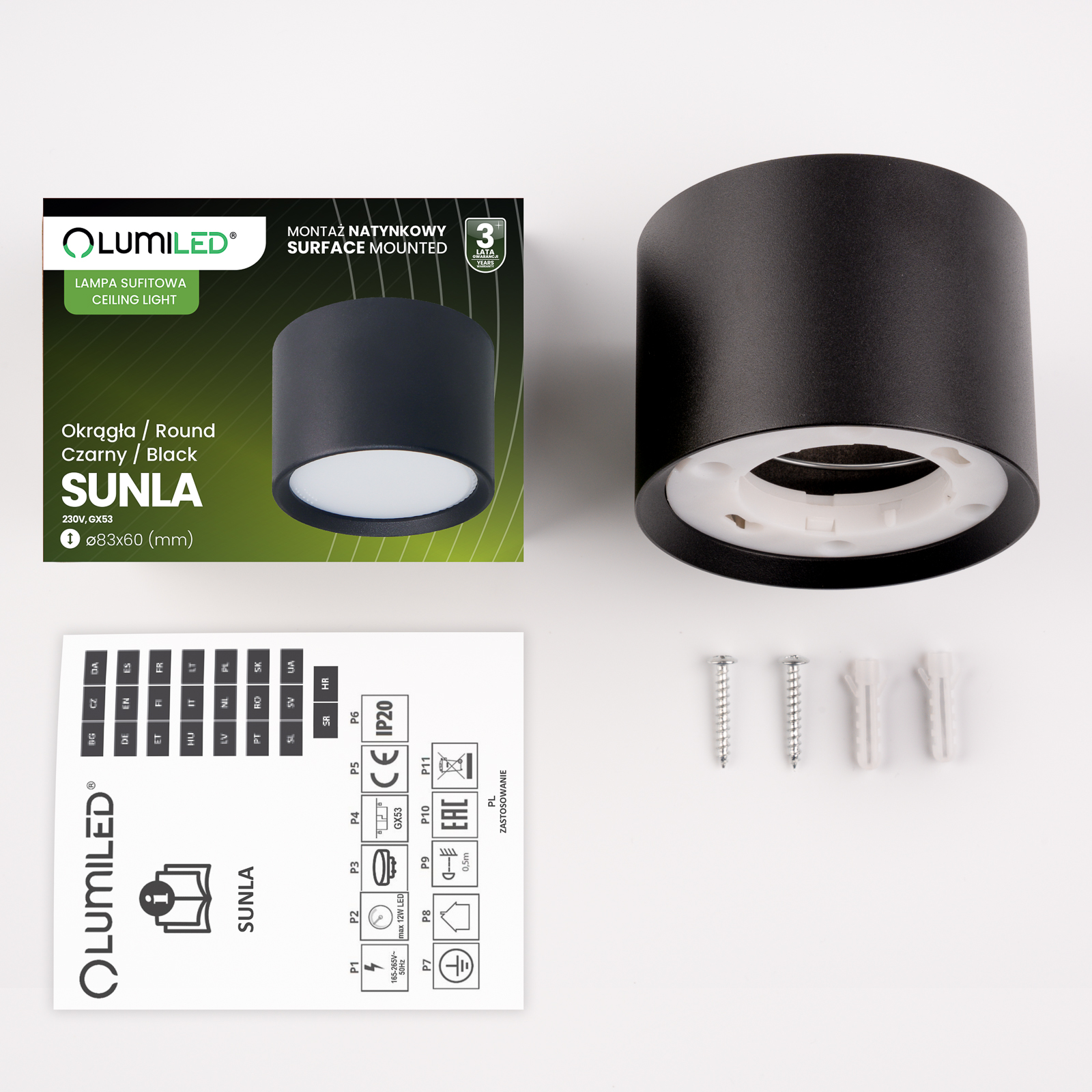 Oprawa HALOGENOWA Natynkowa SUNLA Tuba Gx53 LED Spot Kinkiet Sufitowa Walec Czarny LUMILED - skład produktu