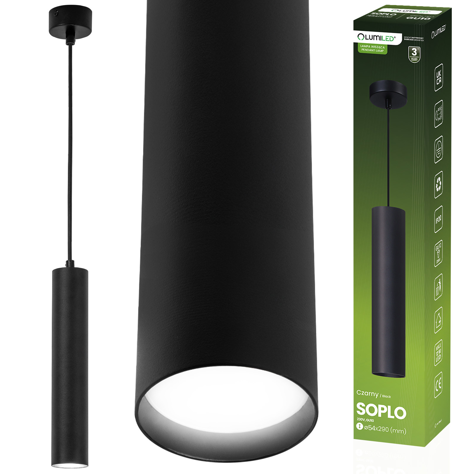 Lampa Wisząca Sufitowa Zwis 29cm Reflektor GU10 LED SOPLO Czarny LUMILED - główne zdjęcie produktu