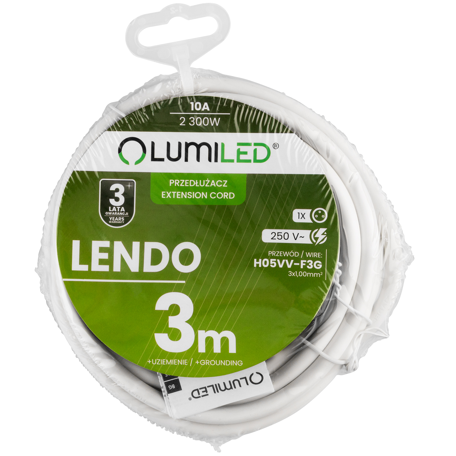 Przedłużacz Sieciowy Kabel z Uziemieniem Listwa Zasilająca 1 Gniazdo 3m Biały Sznur Lendo Lumiled - skład produktu