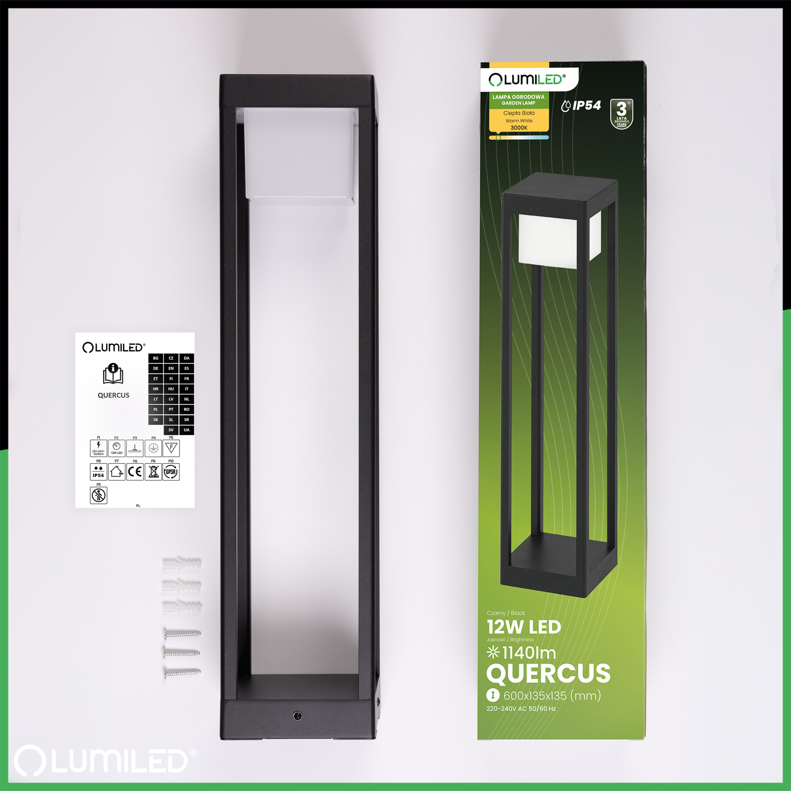 Lampa Ogrodowa Słupek Zewnętrzny Stojący LED 12W 3000K 60cm Czarny QUERCUS LUMILED - skład produktu