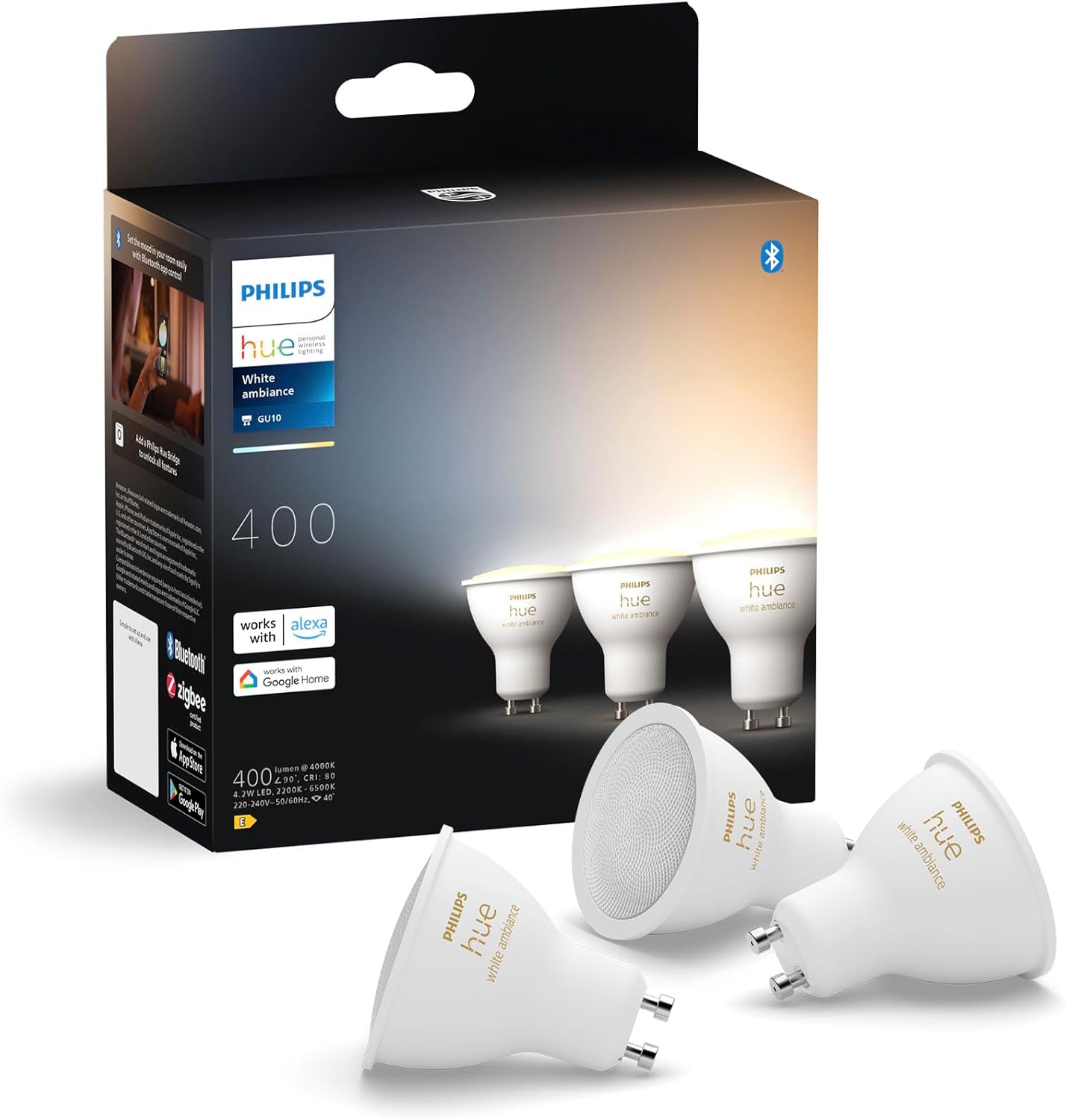 3x Żarówka LED GU10 Reflektor 4.2W = 50W 400lm 2200-6500K CCT SMART Inteligentna Bluetooth ZigBee White Ambiance Philips HUE - główne zdjęcie produktu