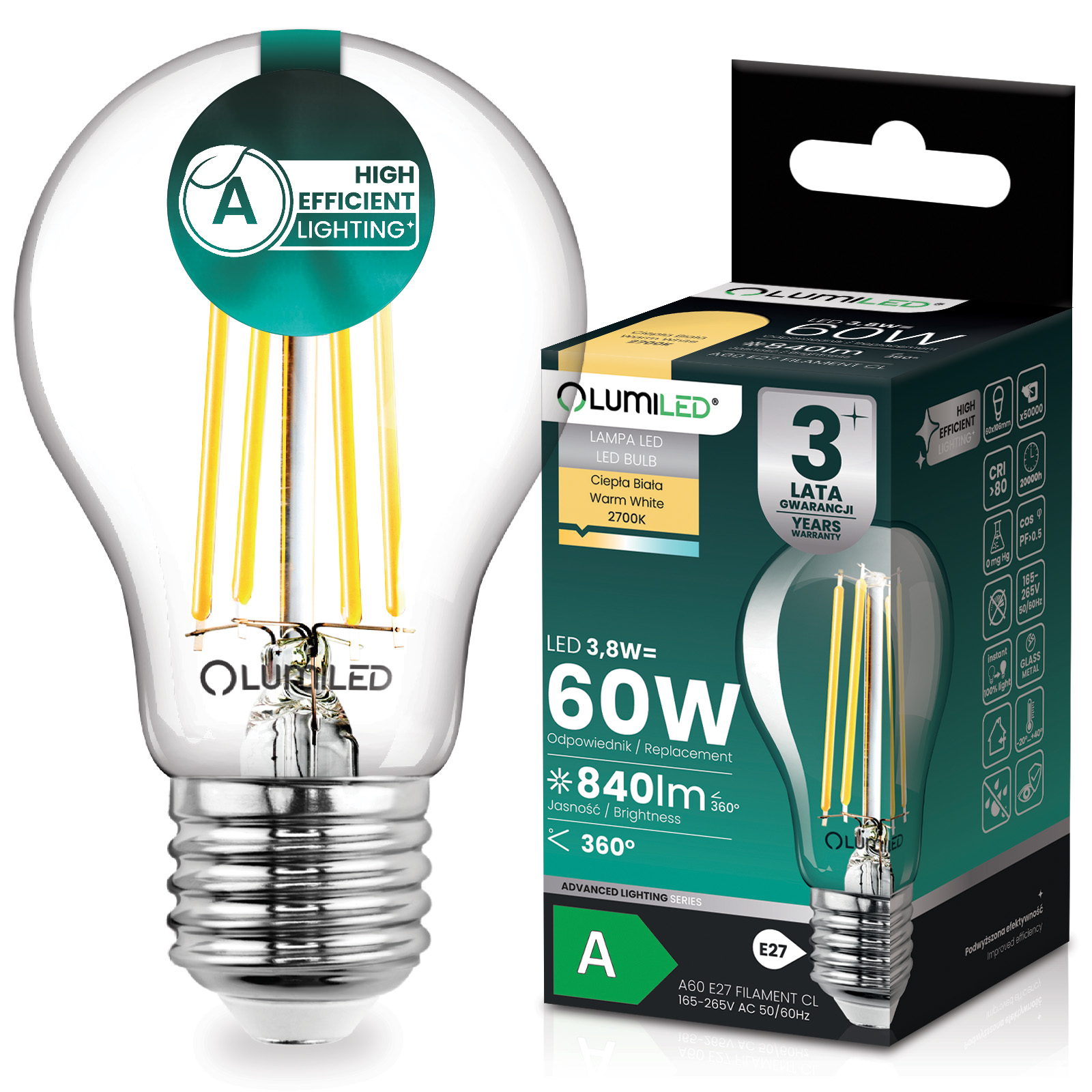 Żarówka LED E27 A60 3,8W 840lm = 60W 2700K Ciepła 360° Filament KLASA A LUMILED - główne zdjęcie produktu