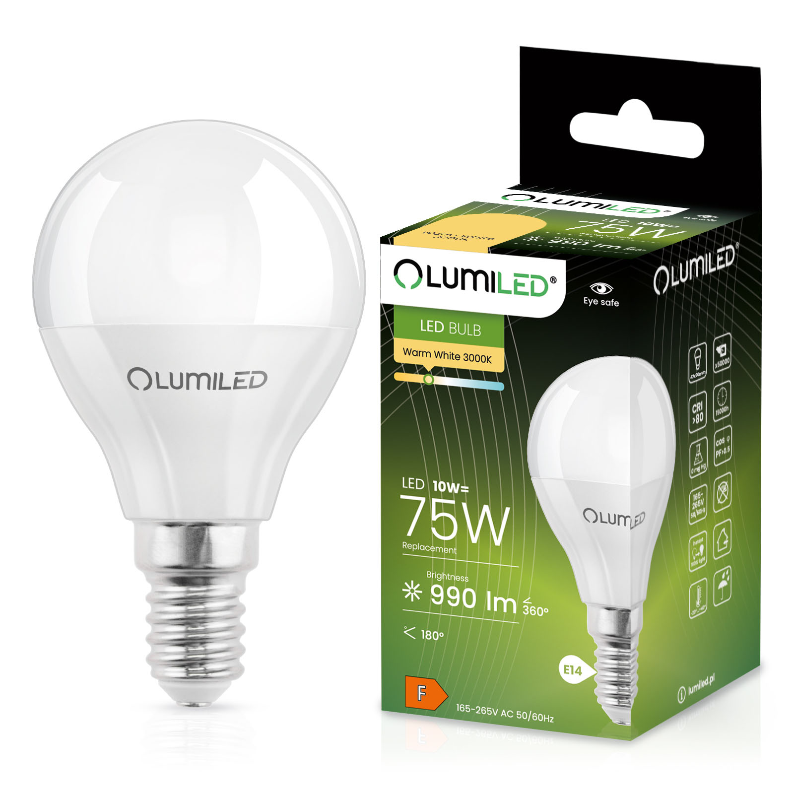 Żarówka LED E14 Kulka P45 10W = 75W 1055lm 3000K Ciepła 180° LUMILED - główne zdjęcie produktu